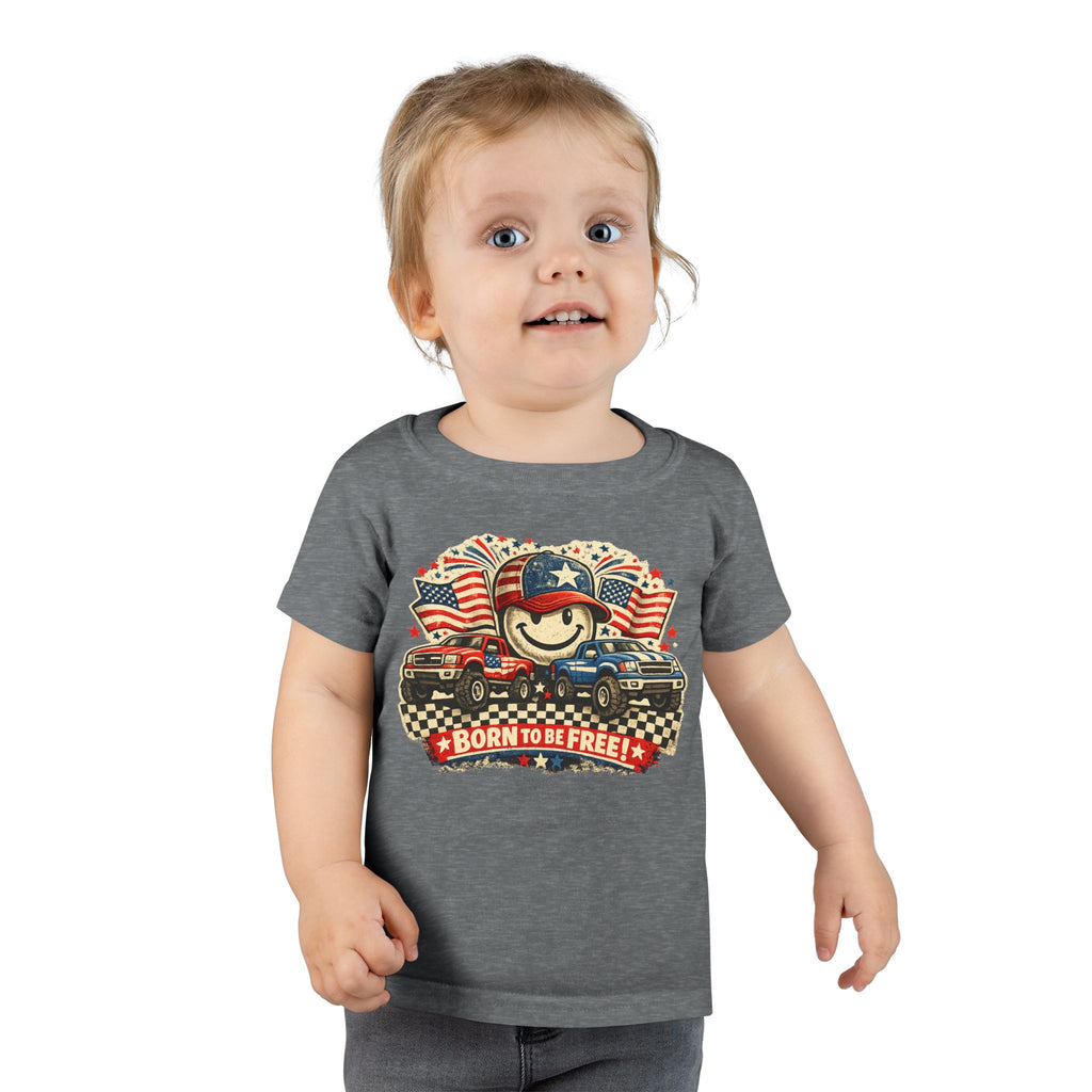 Toddler T‑Shirt — "Born to Be Free" Patriotic Trucks Graphic
