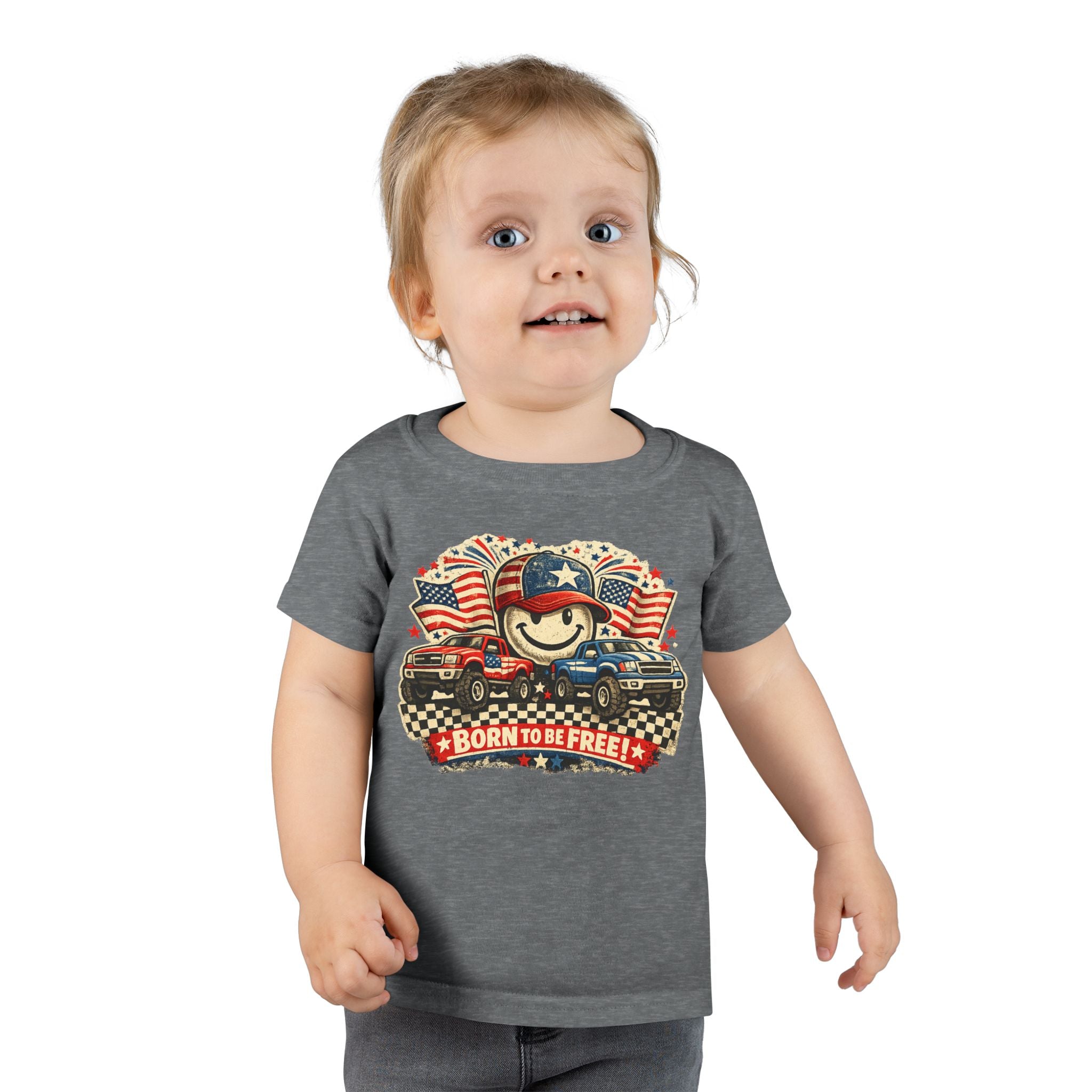 Toddler T‑Shirt — "Born to Be Free" Patriotic Trucks Graphic