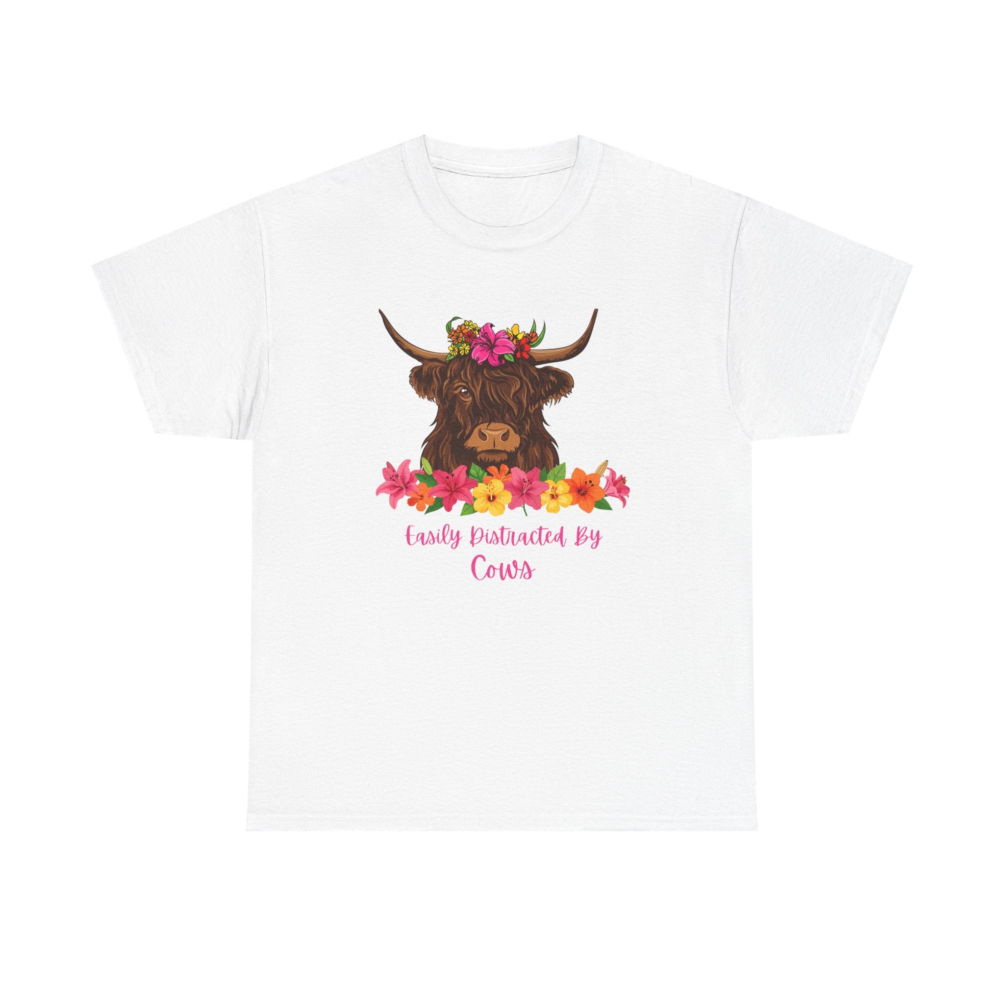 Cow Mom Floral Tee — 'Easily Distracted By Cows' Highland Cow Graphic Shirt