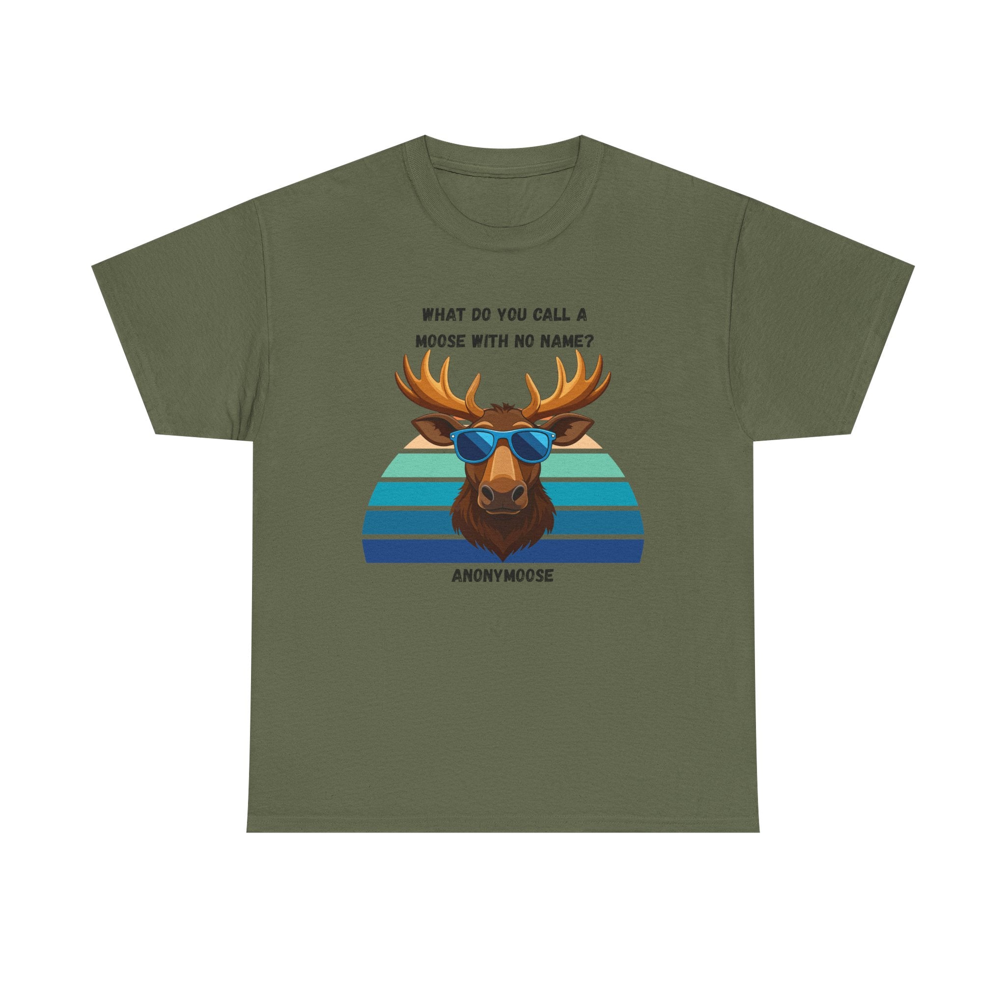 Funny Moose T-Shirt — 'What Do You Call a Moose With No Name? Anonymoose' Retro Sunglasses Tee