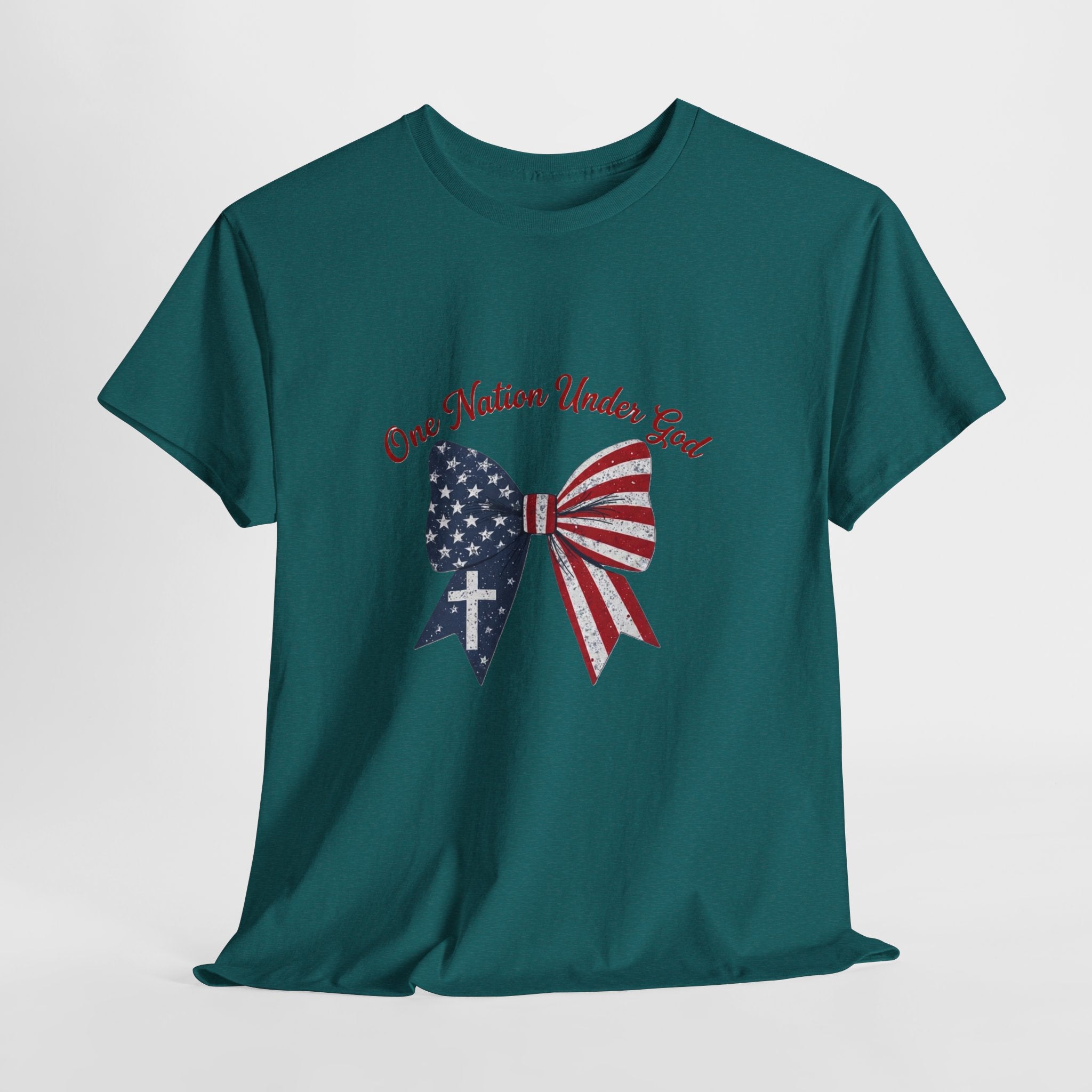 Patriotic Bow Tee — "One Nation Under God" American Flag Cross T-Shirt