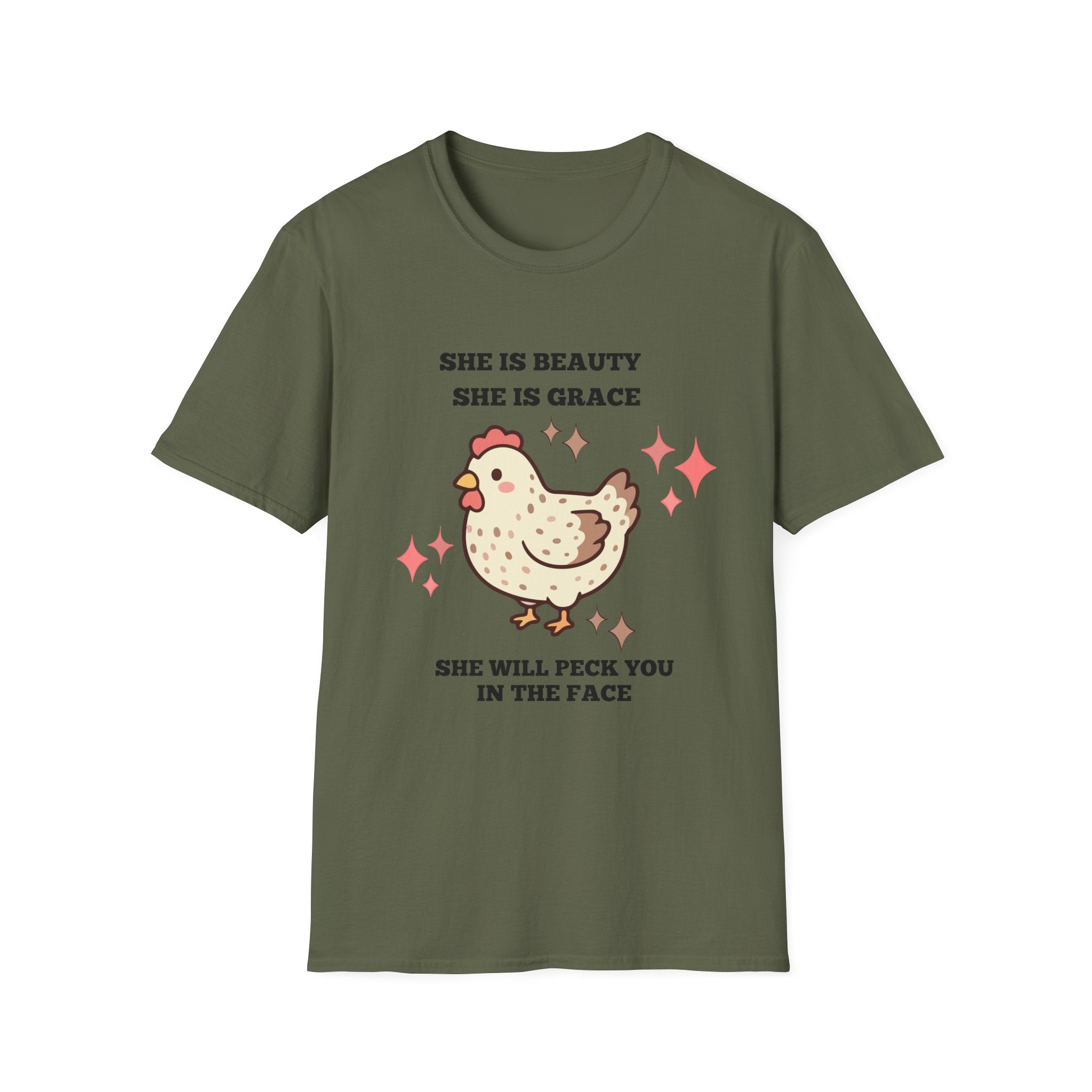 Chicken Tee — "She Is Beauty, She Is Grace, She Will Pech You in the Face" Funny Farm Animal T-Shirt