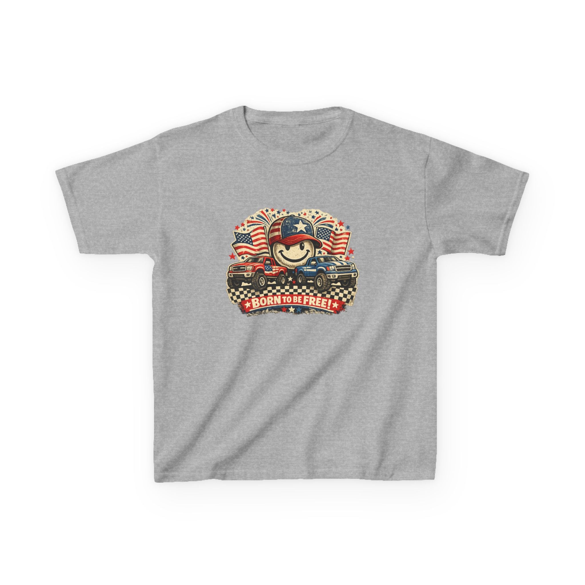 Kids Tee — Patriotic "Born to Be Free" Smiley Flag Design