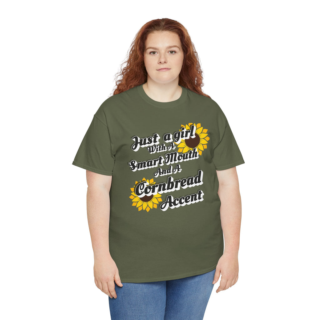 Cornbread Accent T-Shirt – "Just a Girl with a Smart Mouth and a Cornbread Accent" Sunflower Graphic