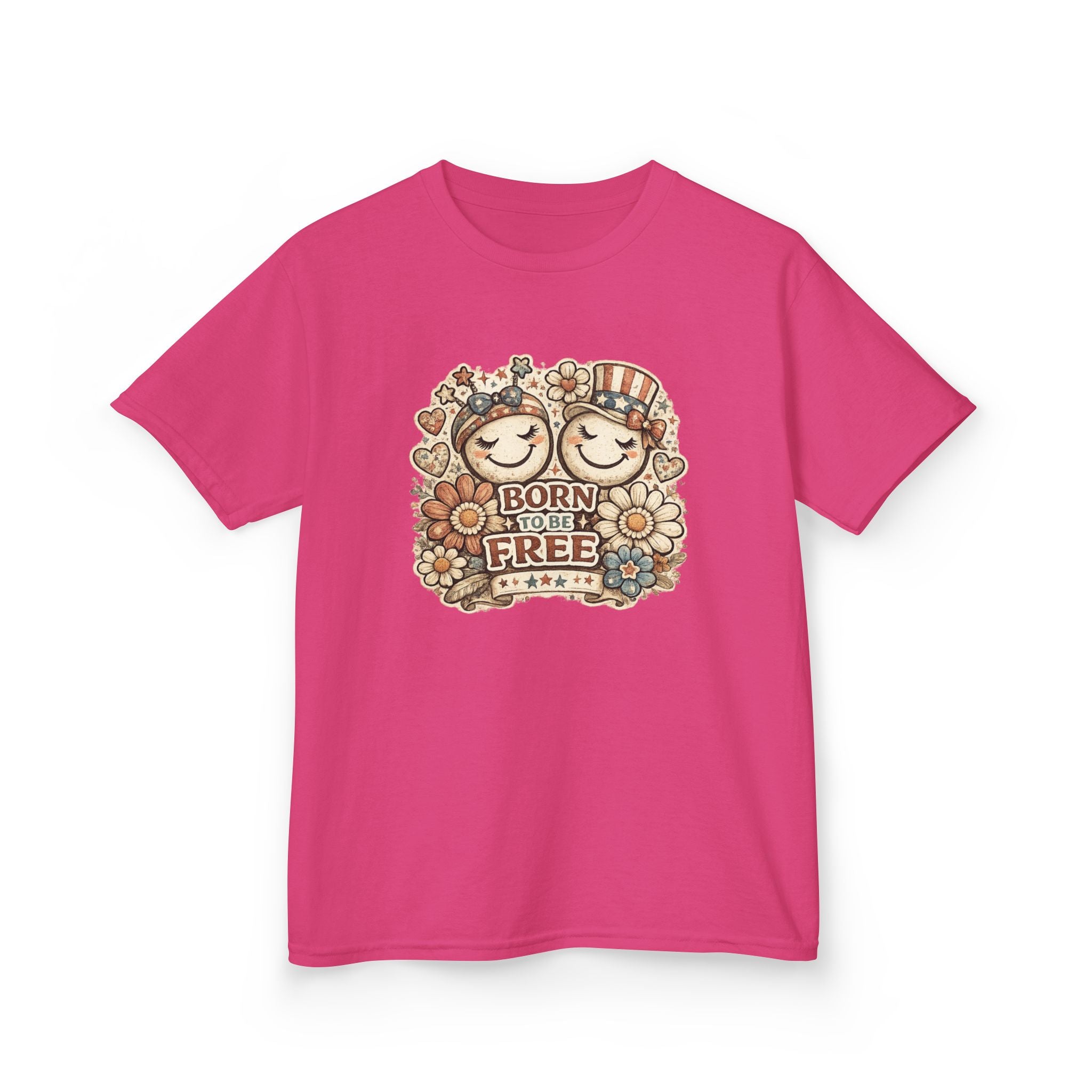Kids T-Shirt – 'Born Free' Retro Smiley Flower Graphic