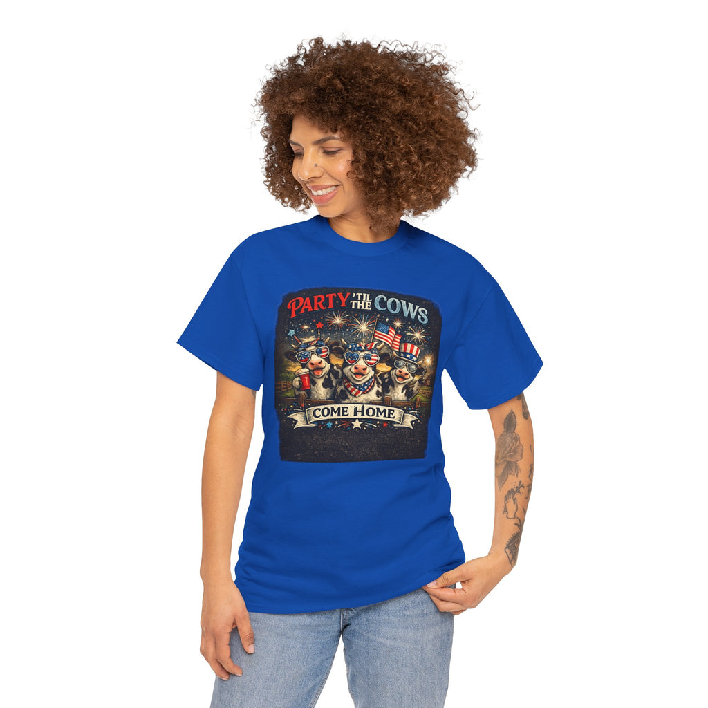 Independence Day 'Party 'Til the Cows Come Home' T-Shirt — Fireworks & Cow Graphic