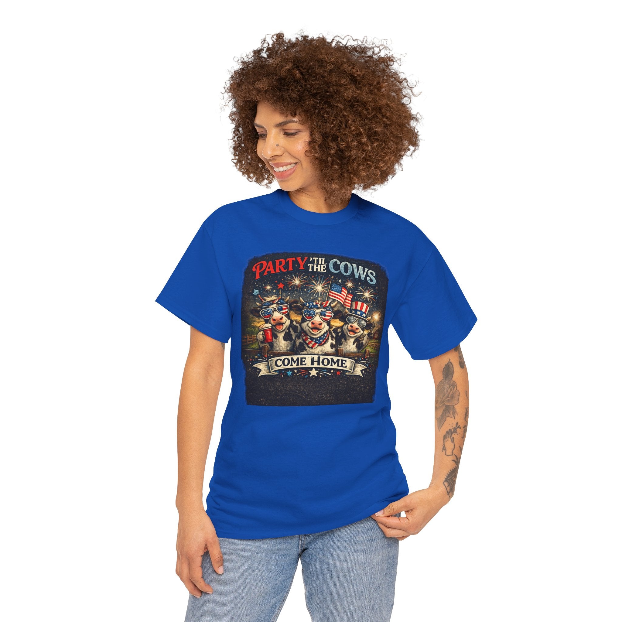 Independence Day 'Party 'Til the Cows Come Home' T-Shirt — Fireworks & Cow Graphic