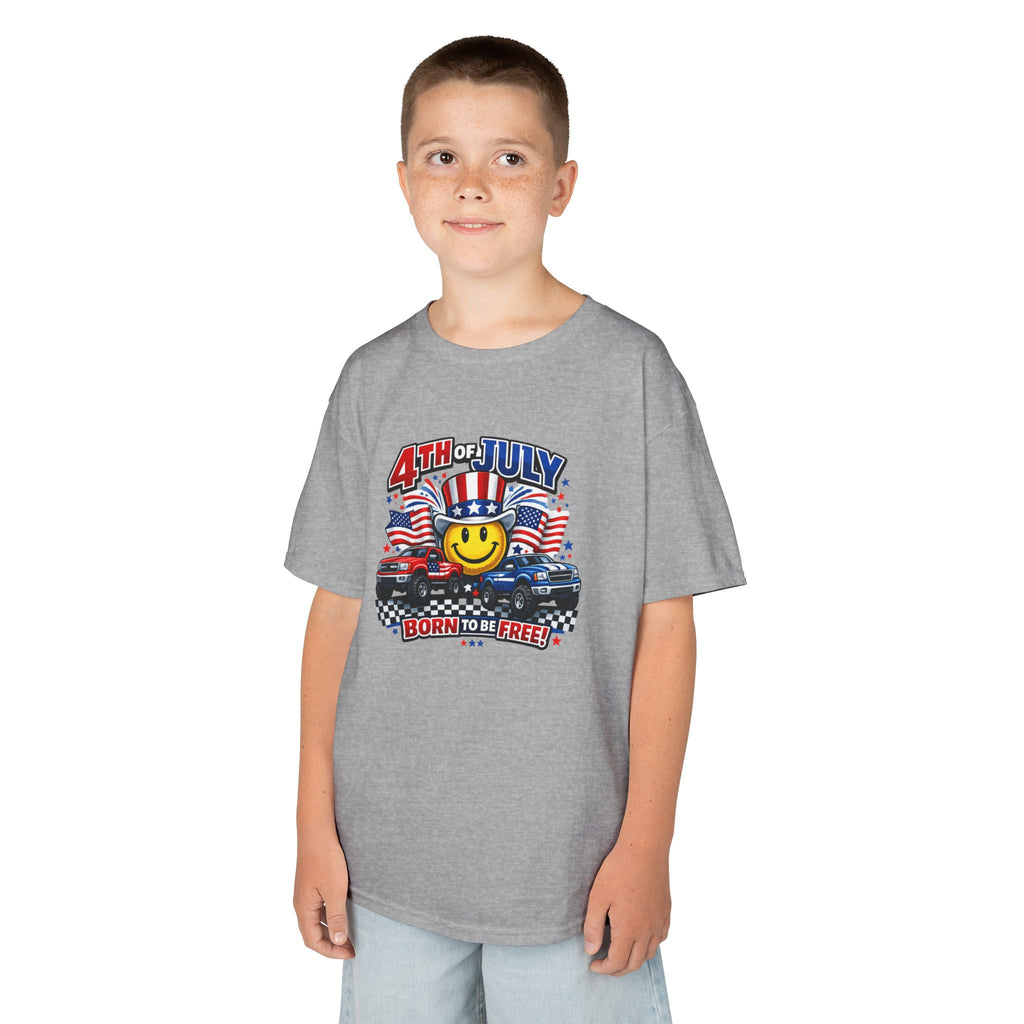Kids Tee — 4th of July 'Born to Be Free' Smiley Flag Design