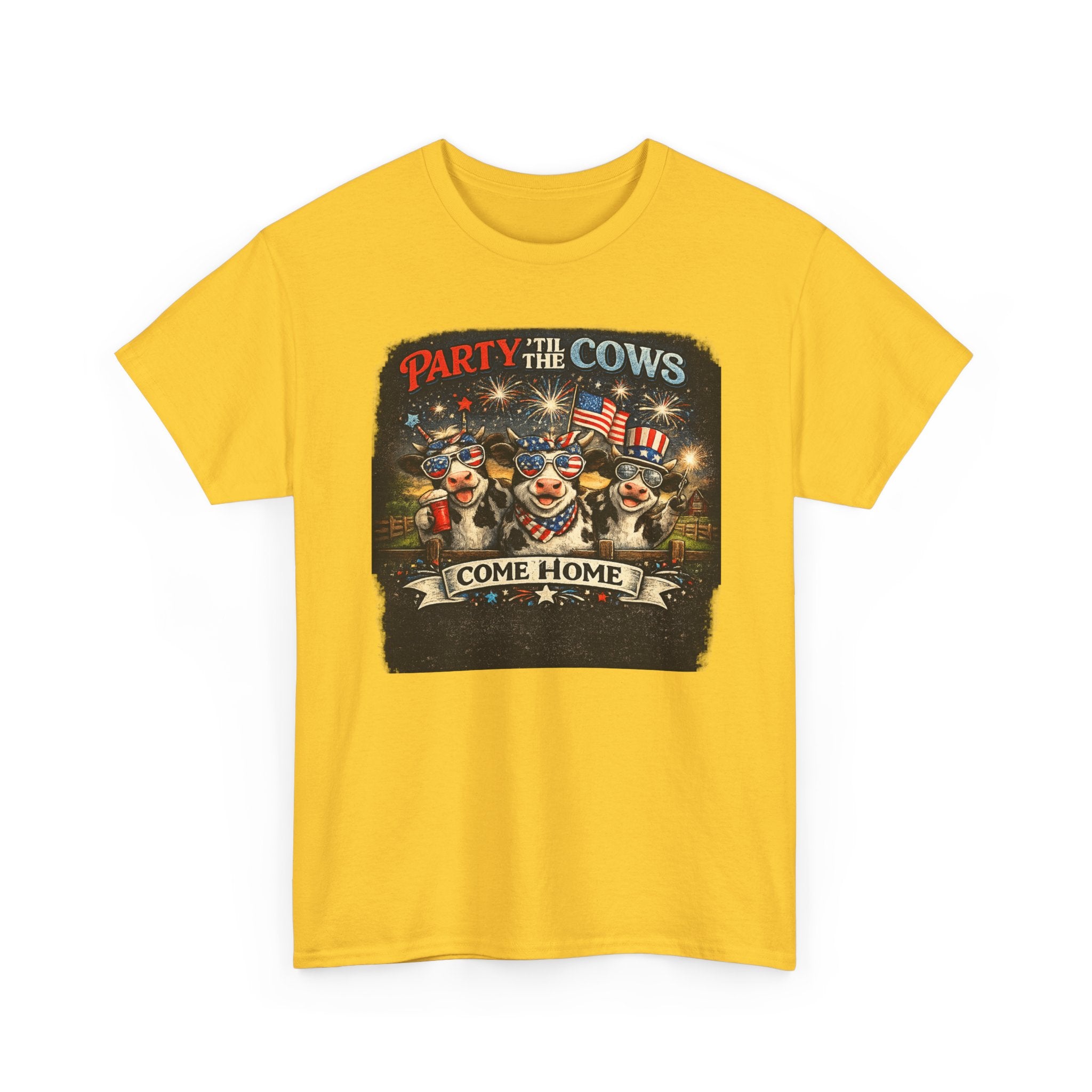 Independence Day 'Party 'Til the Cows Come Home' T-Shirt — Fireworks & Cow Graphic