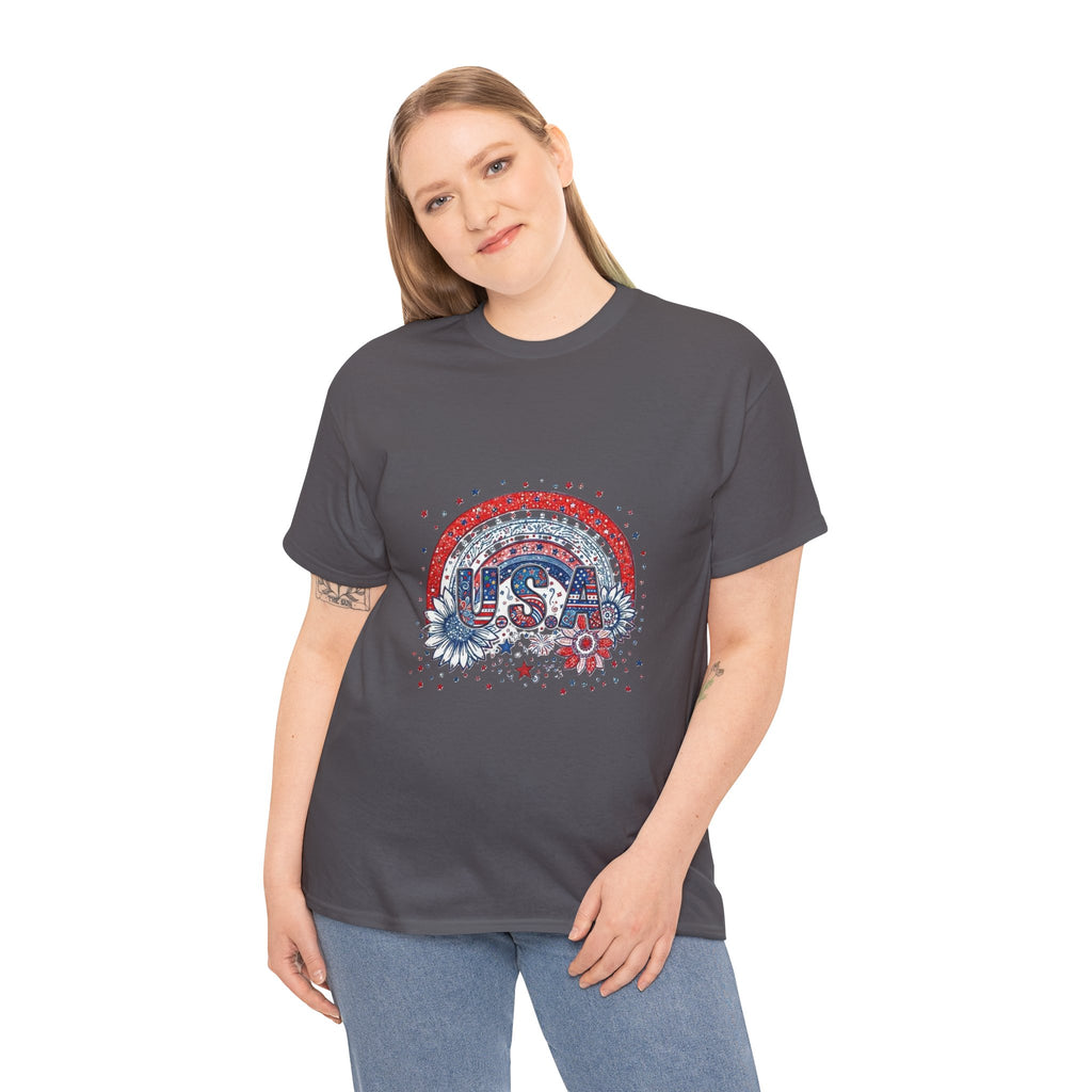 USA Retro Rainbow T-Shirt — Patriotic Fourth of July Tee with Stars & Flowers