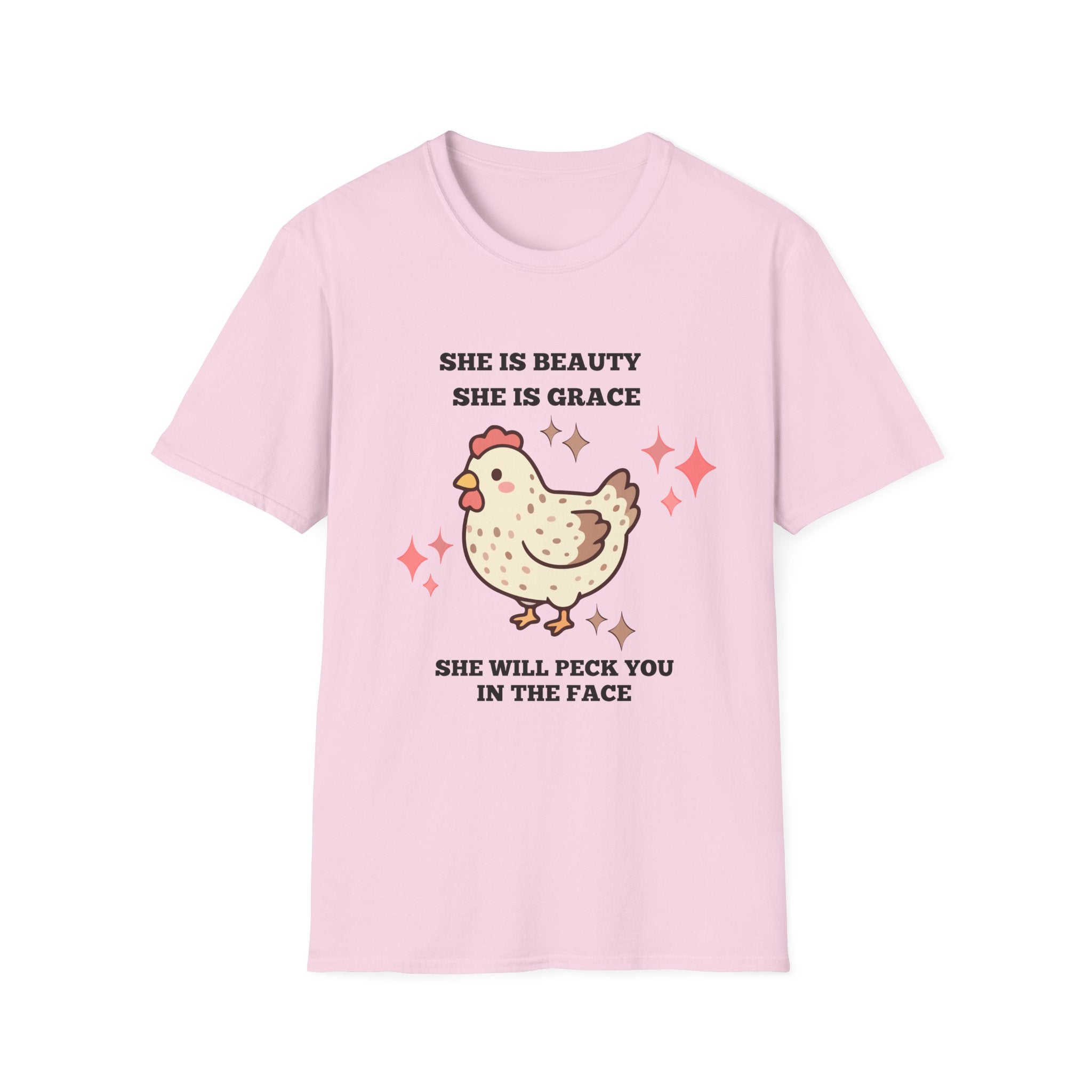 Chicken Tee — "She Is Beauty, She Is Grace, She Will Pech You in the Face" Funny Farm Animal T-Shirt