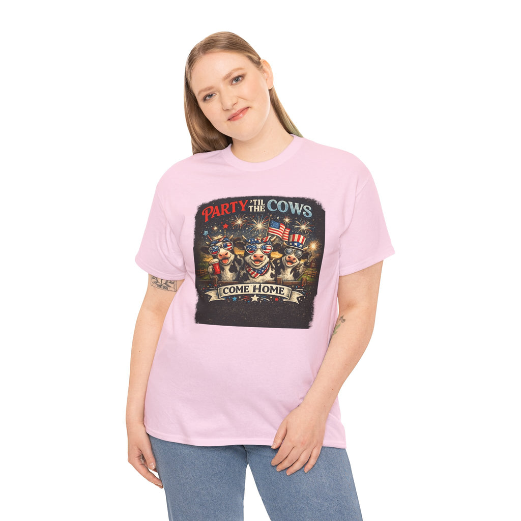 Independence Day 'Party 'Til the Cows Come Home' T-Shirt — Fireworks & Cow Graphic
