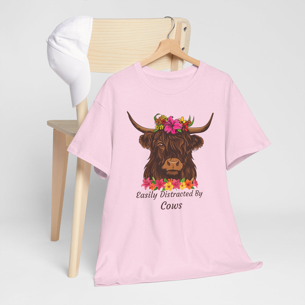 Highland Cow Floral Tee — "Easily Distracted by Cows" Cute Cow Graphic T-Shirt
