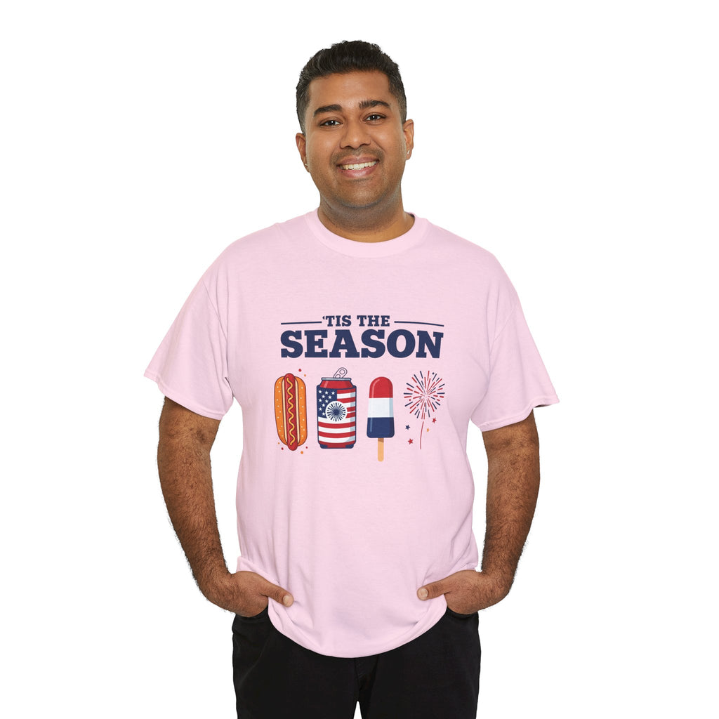 Fourth of July Tee — "'Tis the Season" Patriotic Hot Dog, Popsicle & Fireworks T-Shirt