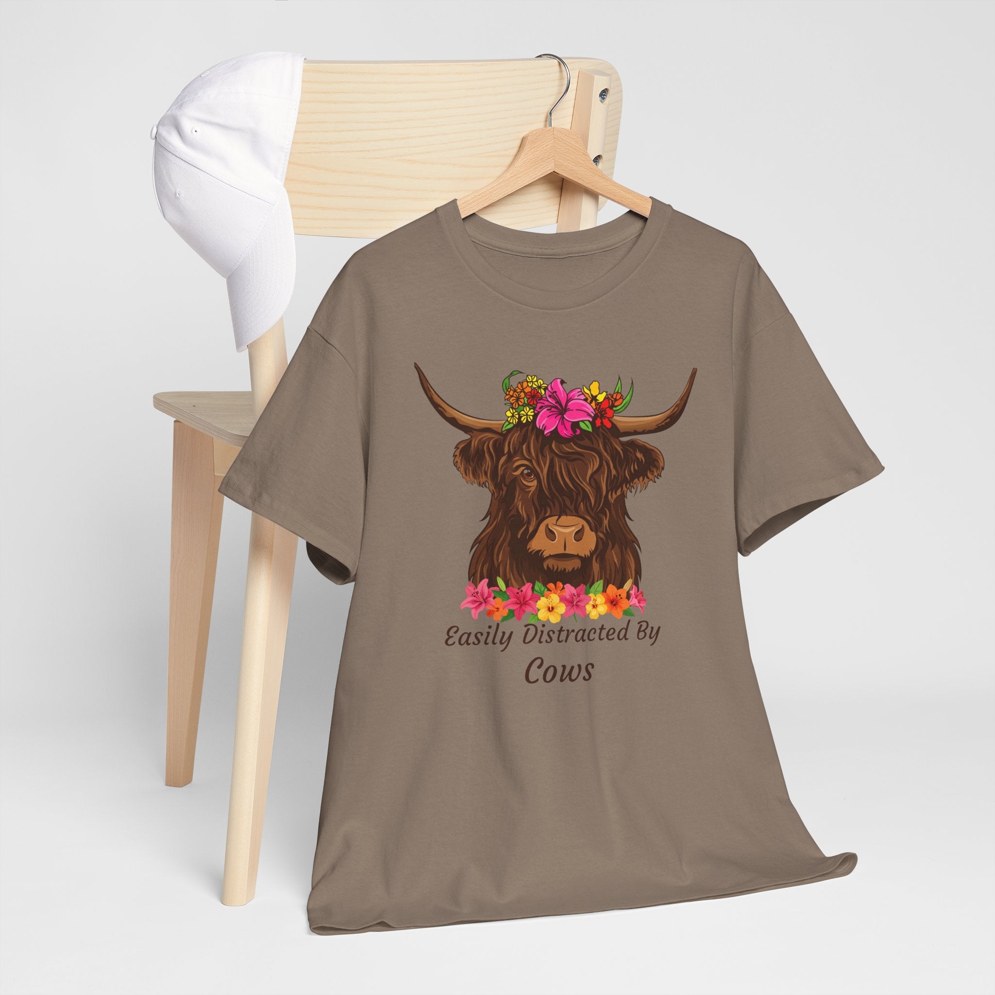Highland Cow Floral Tee — "Easily Distracted by Cows" Cute Cow Graphic T-Shirt