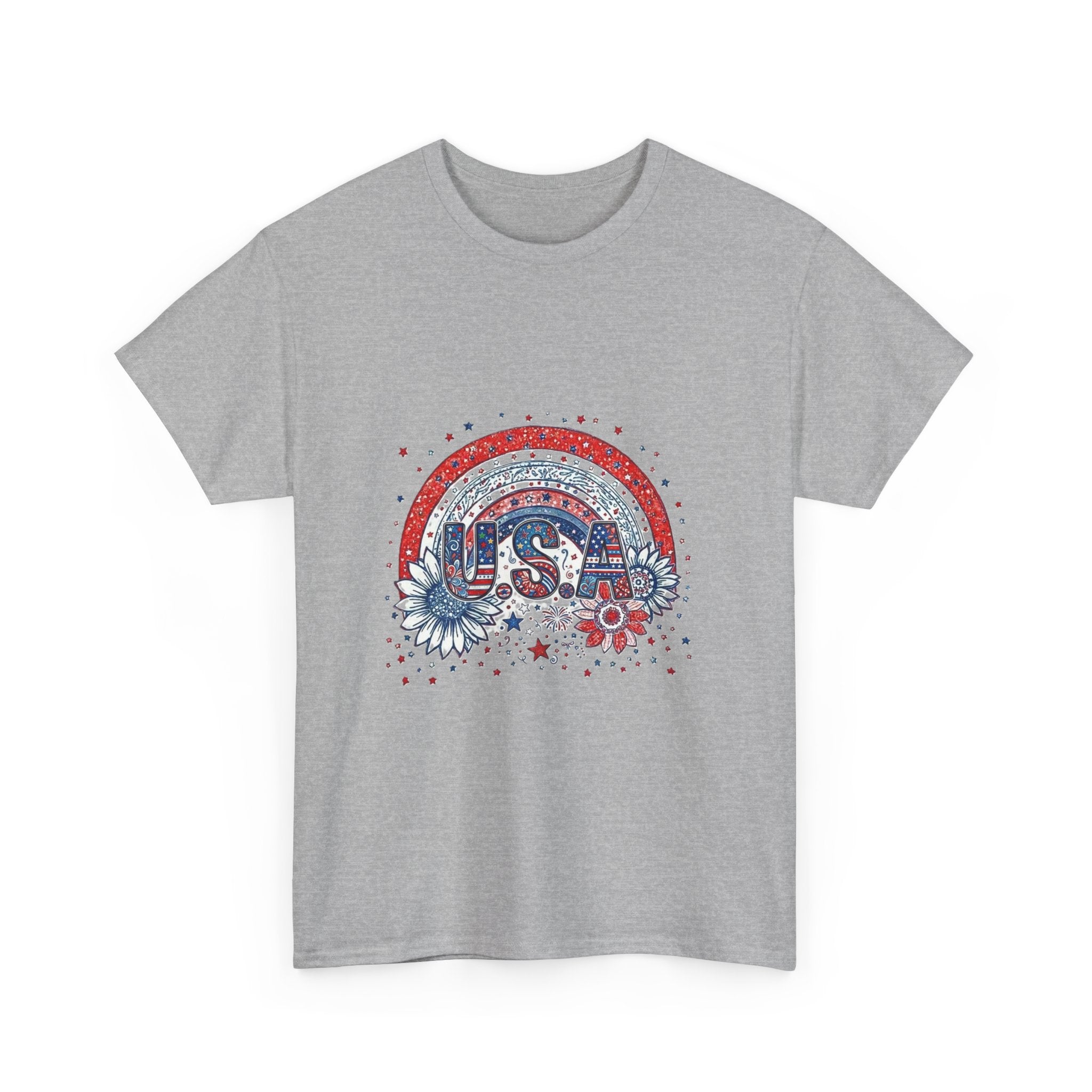 USA Retro Rainbow T-Shirt — Patriotic Fourth of July Tee with Stars & Flowers