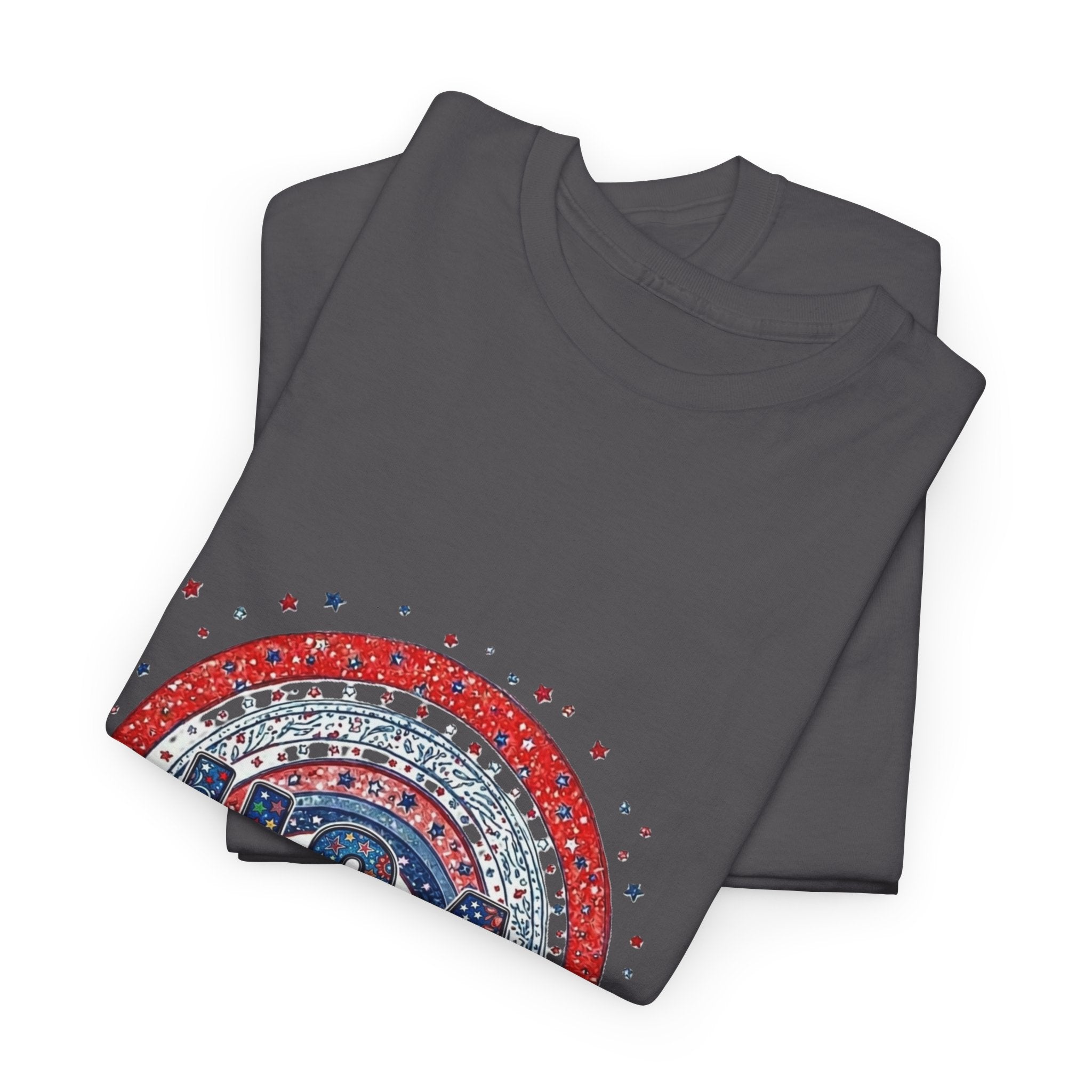 USA Retro Rainbow T-Shirt — Patriotic Fourth of July Tee with Stars & Flowers