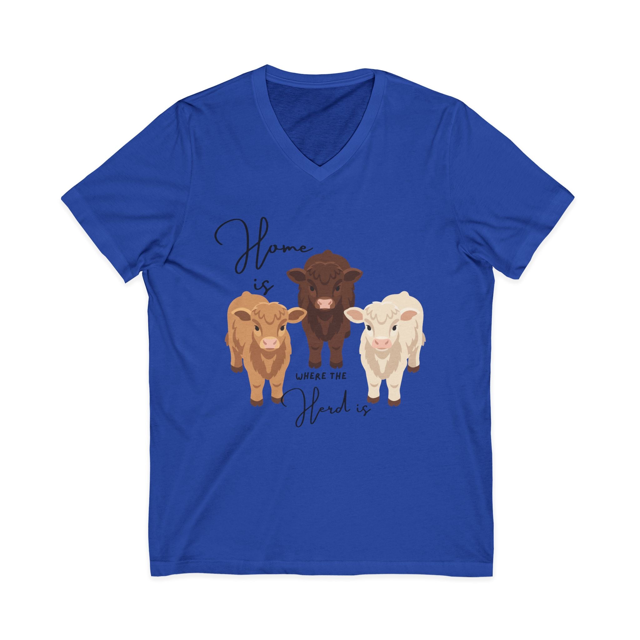 Cow Trio V-Neck Tee — "Home is Where the Herd Is" Cute Farm Animal Shirt