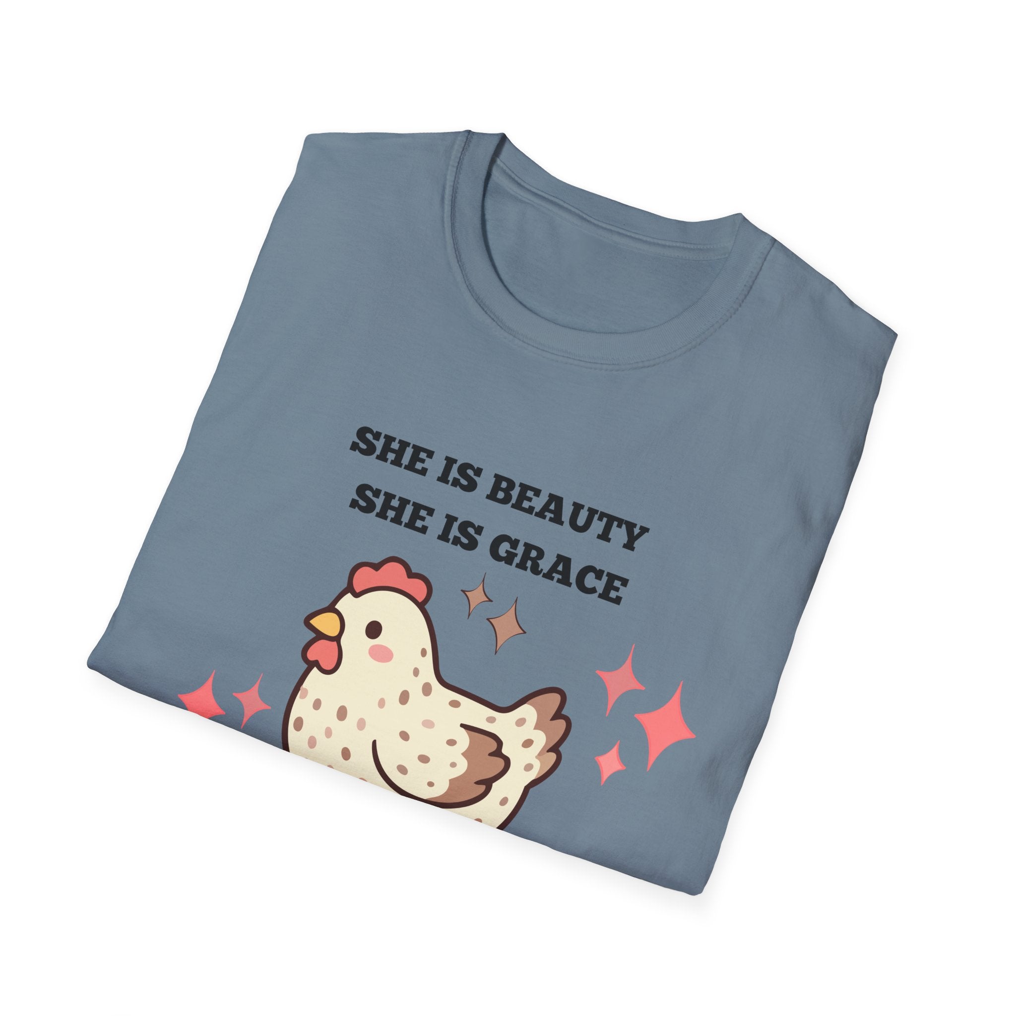 Chicken Tee — "She Is Beauty, She Is Grace, She Will Pech You in the Face" Funny Farm Animal T-Shirt