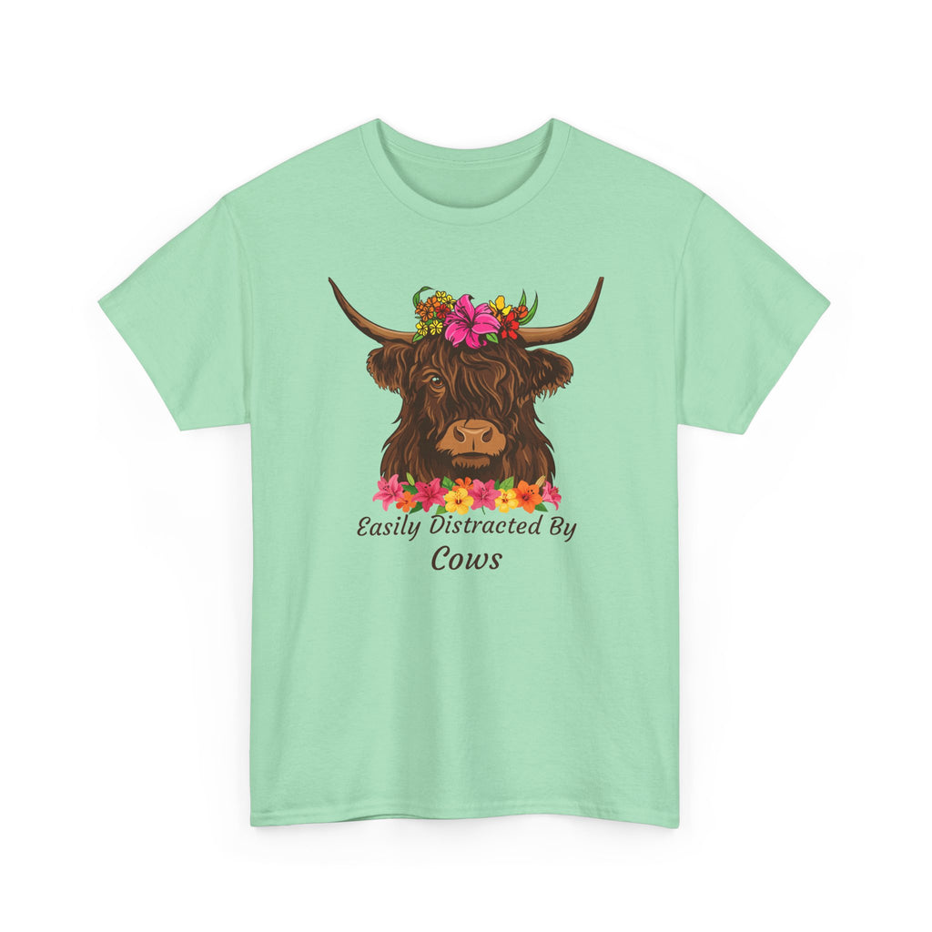 Highland Cow Floral Tee — "Easily Distracted by Cows" Cute Cow Graphic T-Shirt