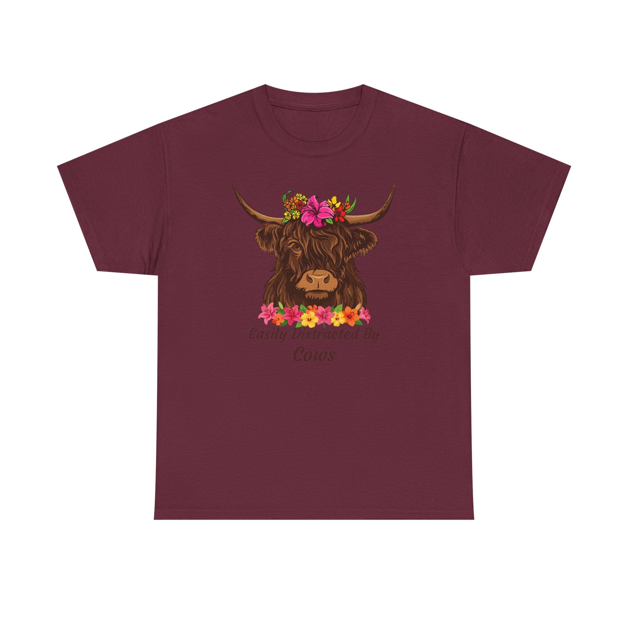 Highland Cow Floral Tee — "Easily Distracted by Cows" Cute Cow Graphic T-Shirt