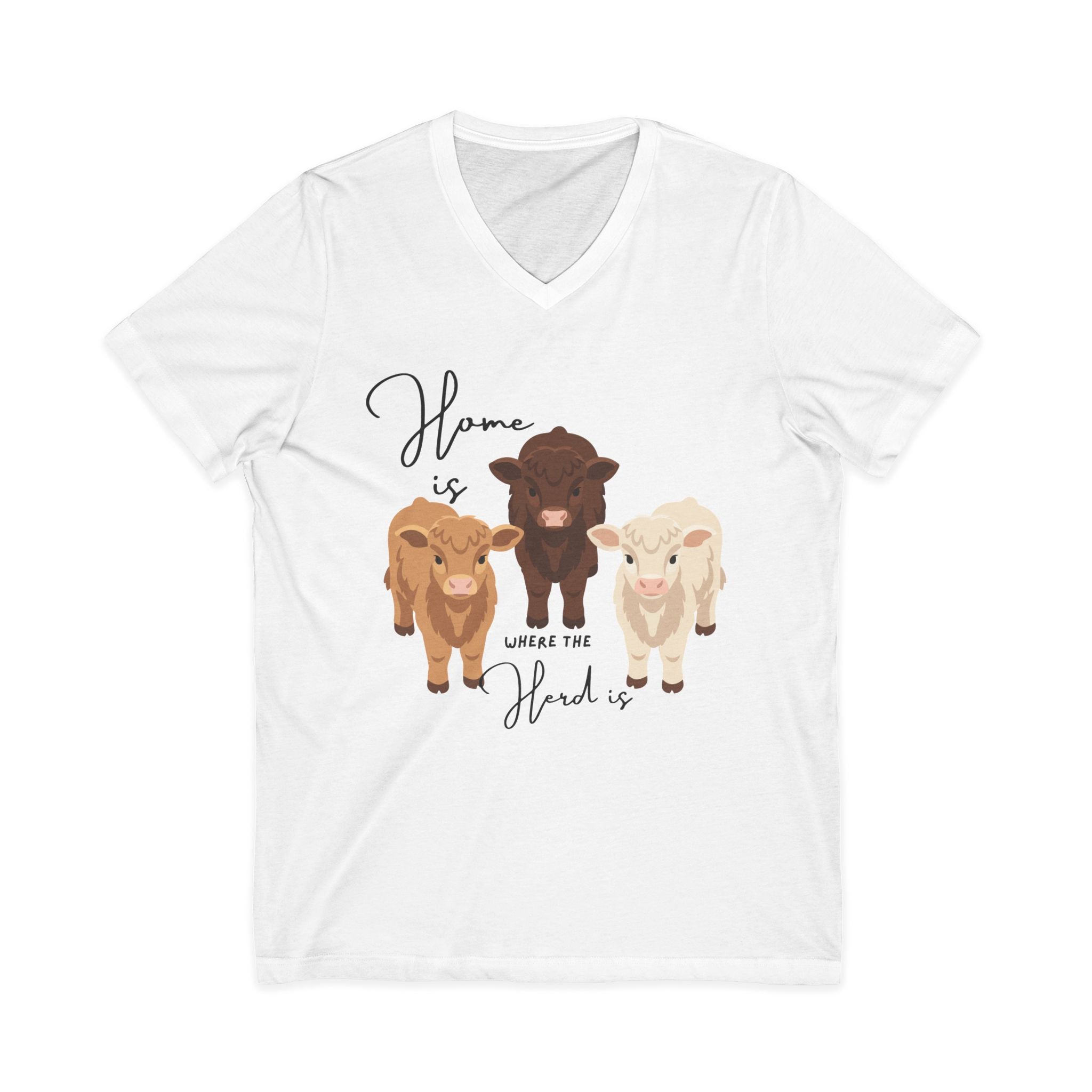 Cow Trio V-Neck Tee — "Home is Where the Herd Is" Cute Farm Animal Shirt