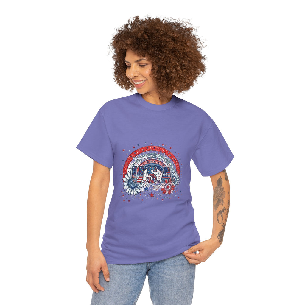 USA Retro Rainbow T-Shirt — Patriotic Fourth of July Tee with Stars & Flowers