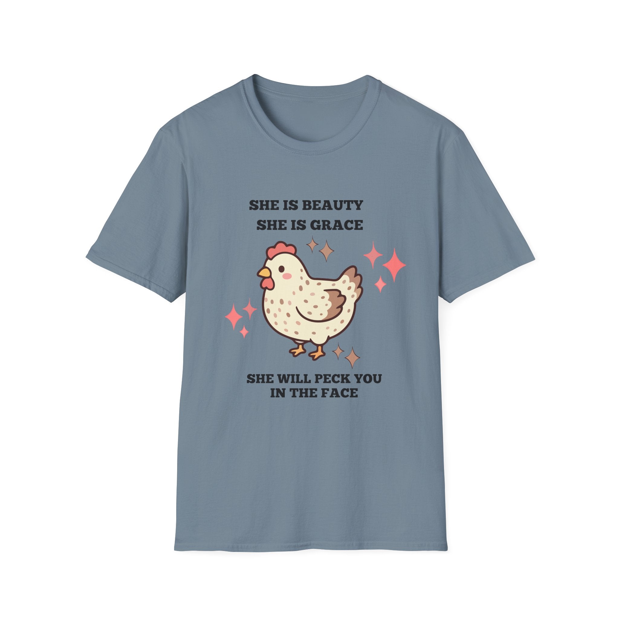 Chicken Tee — "She Is Beauty, She Is Grace, She Will Pech You in the Face" Funny Farm Animal T-Shirt
