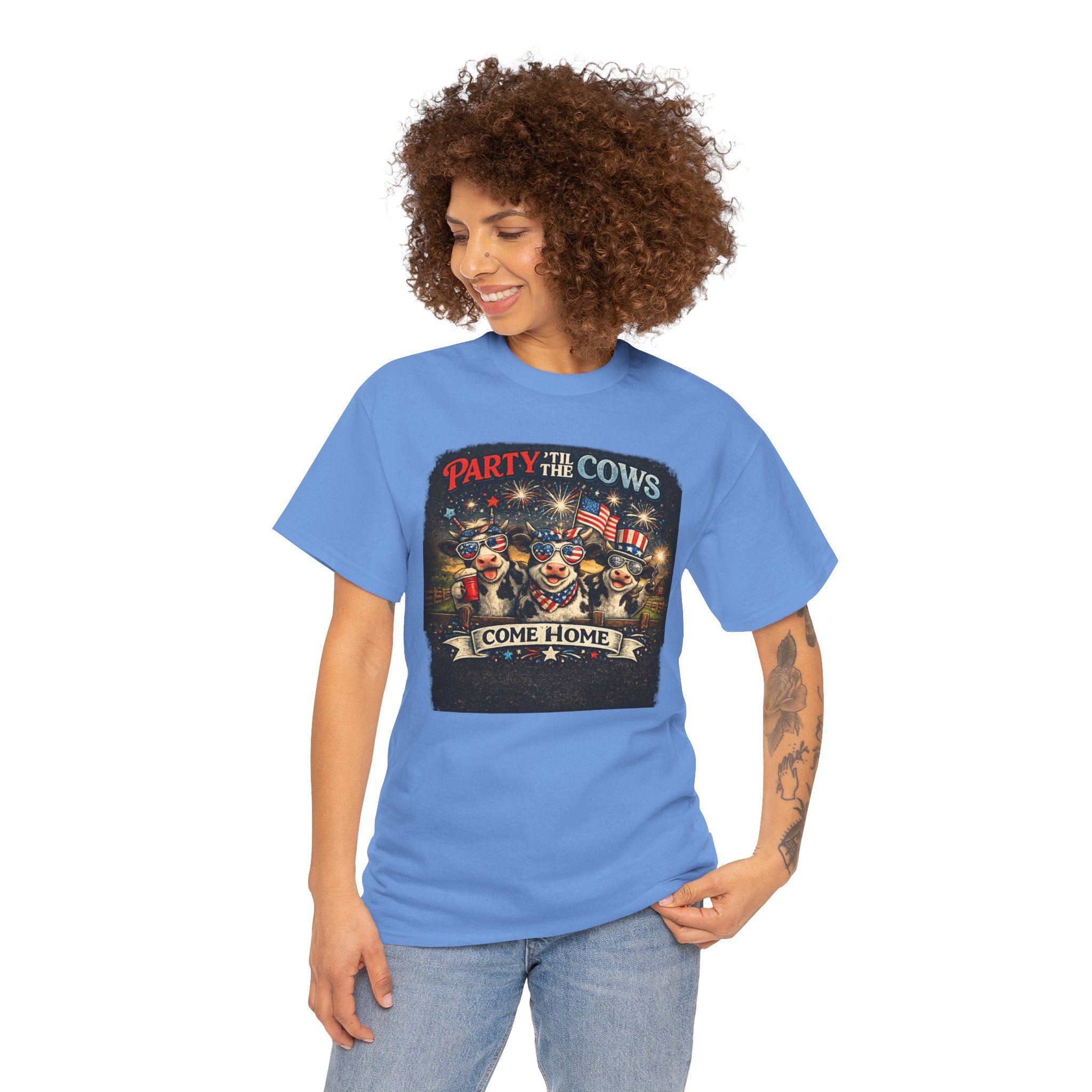 Independence Day 'Party 'Til the Cows Come Home' T-Shirt — Fireworks & Cow Graphic