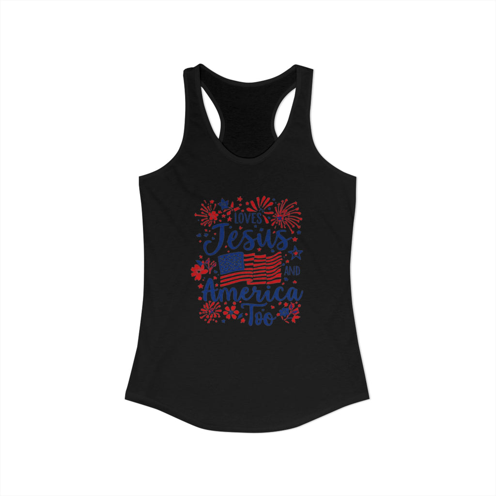 Loves Jesus and America Too Racerback Tank — Patriotic Christian Women's Tank