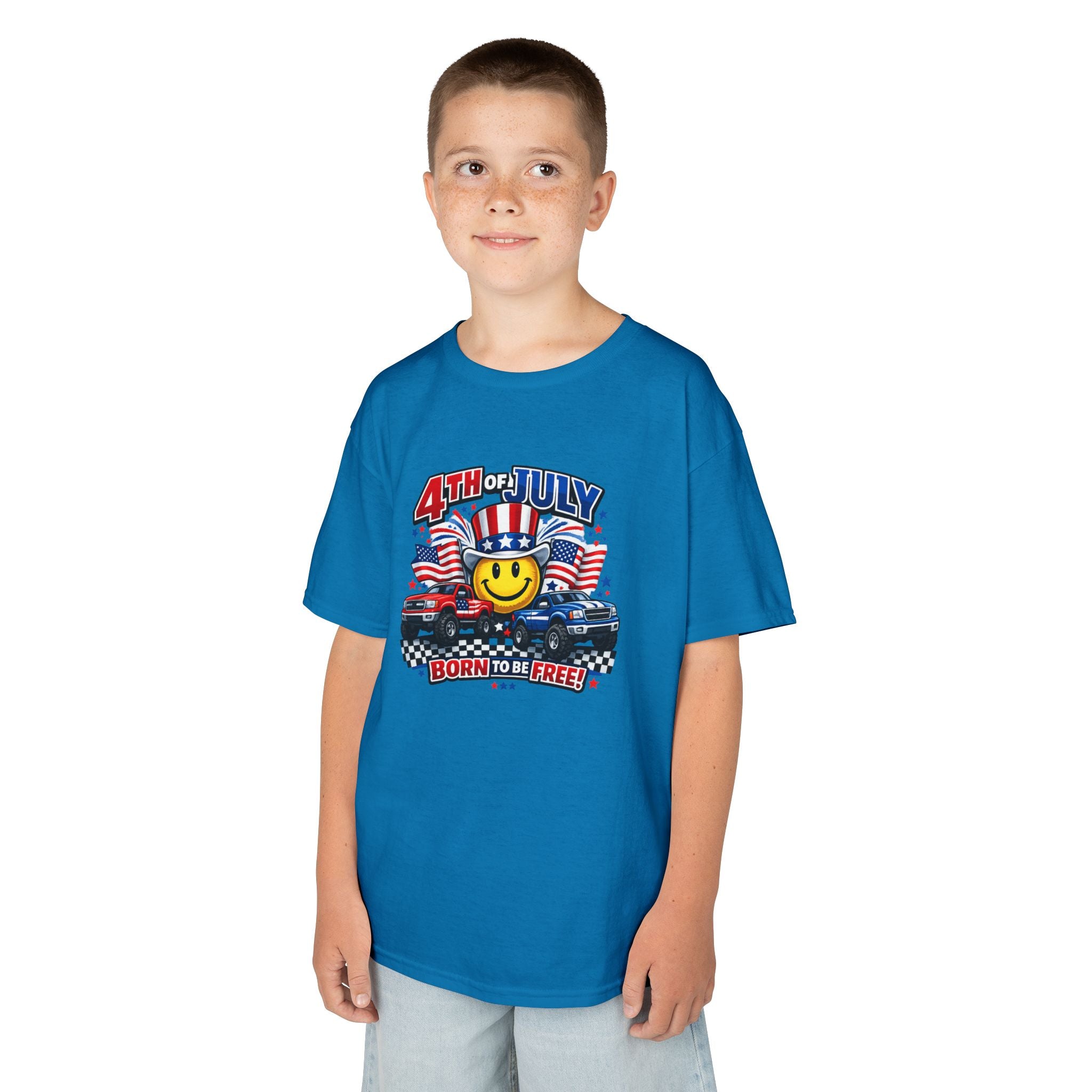 Kids Tee — 4th of July 'Born to Be Free' Smiley Flag Design