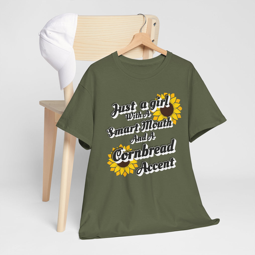 Cornbread Accent T-Shirt – "Just a Girl with a Smart Mouth and a Cornbread Accent" Sunflower Graphic
