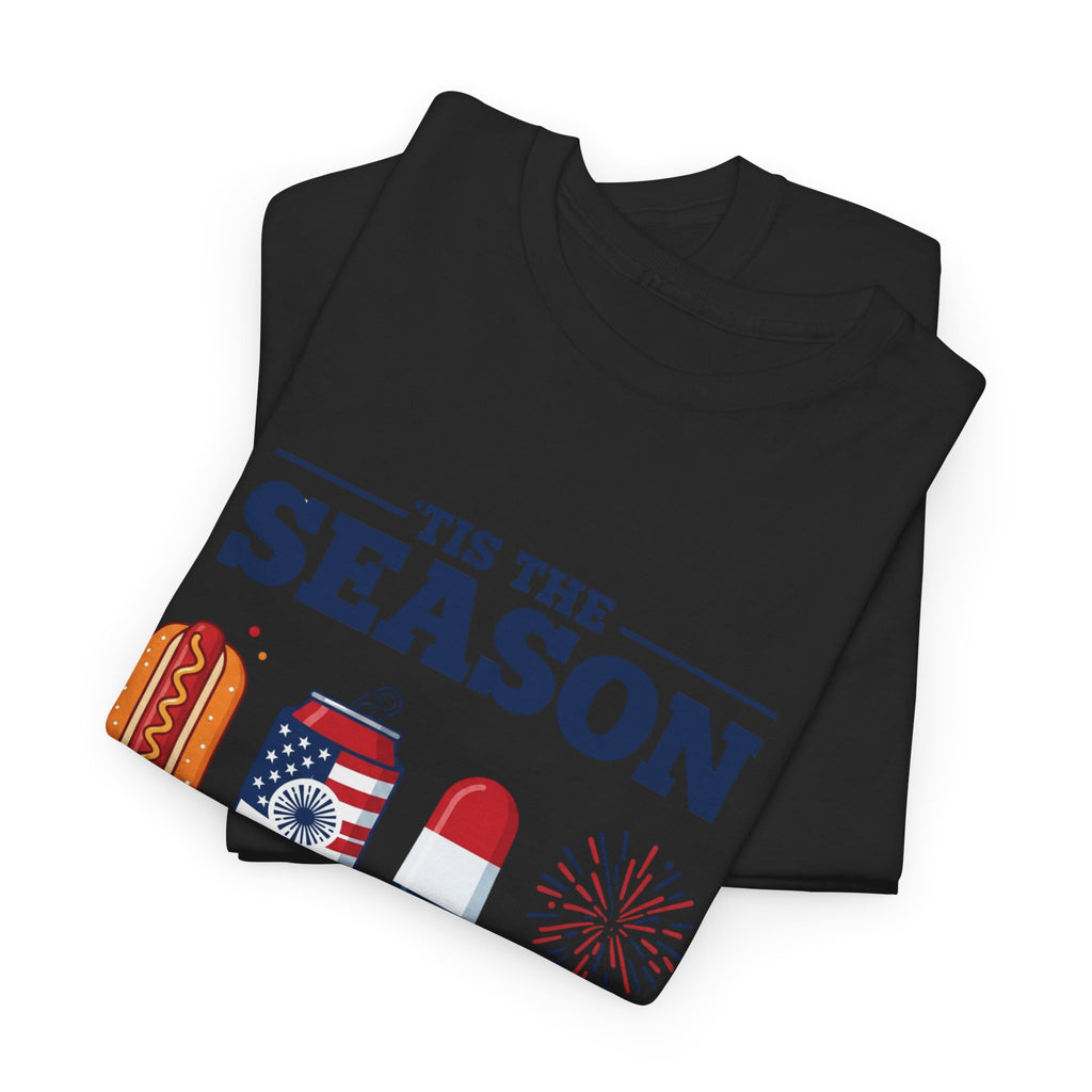 Fourth of July Tee — "'Tis the Season" Patriotic Hot Dog, Popsicle & Fireworks T-Shirt