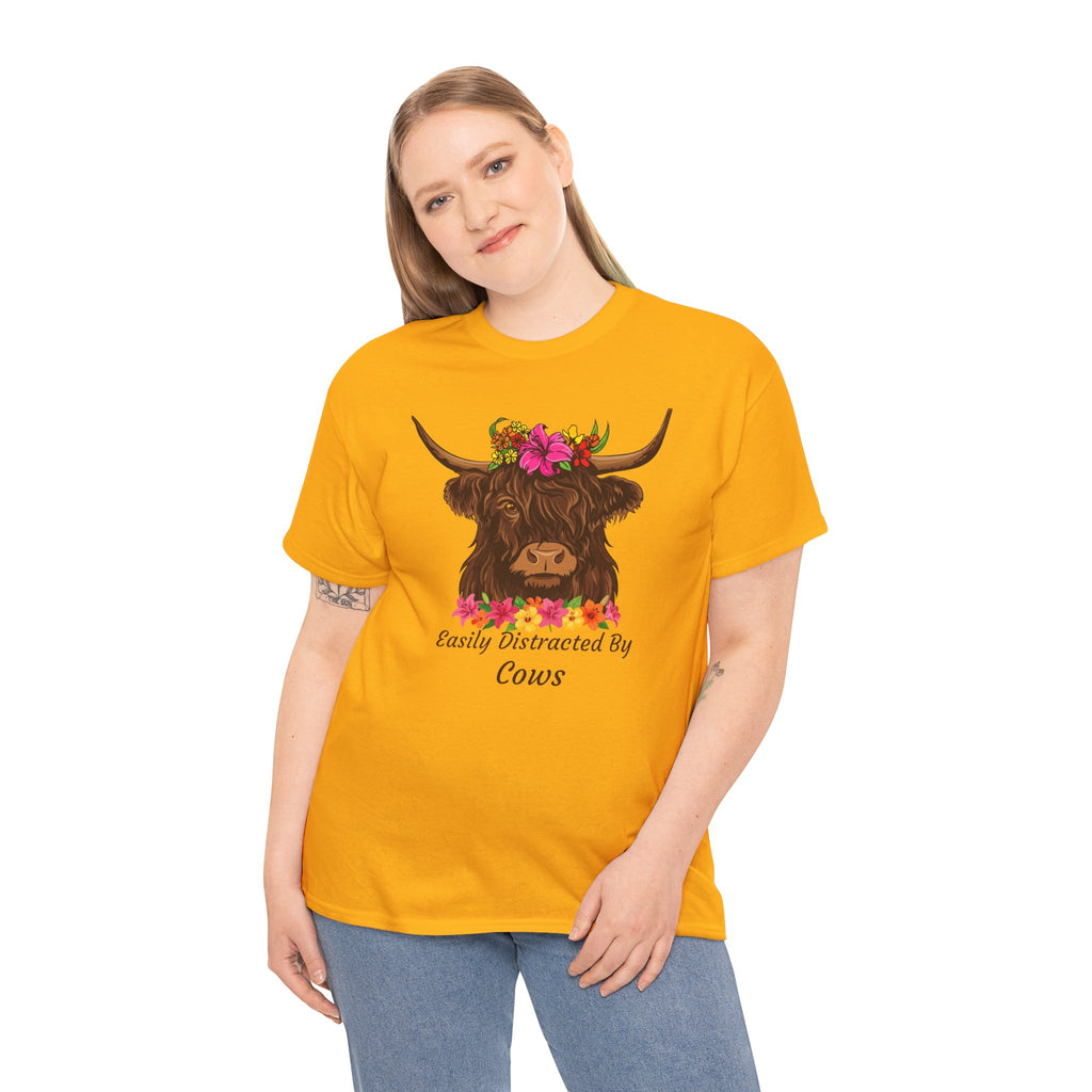 Highland Cow Floral Tee — "Easily Distracted by Cows" Cute Cow Graphic T-Shirt