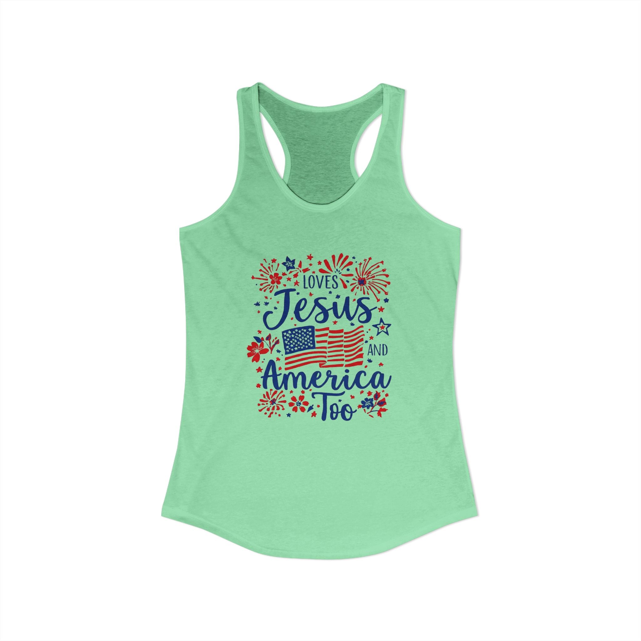 Loves Jesus and America Too Racerback Tank — Patriotic Christian Women's Tank