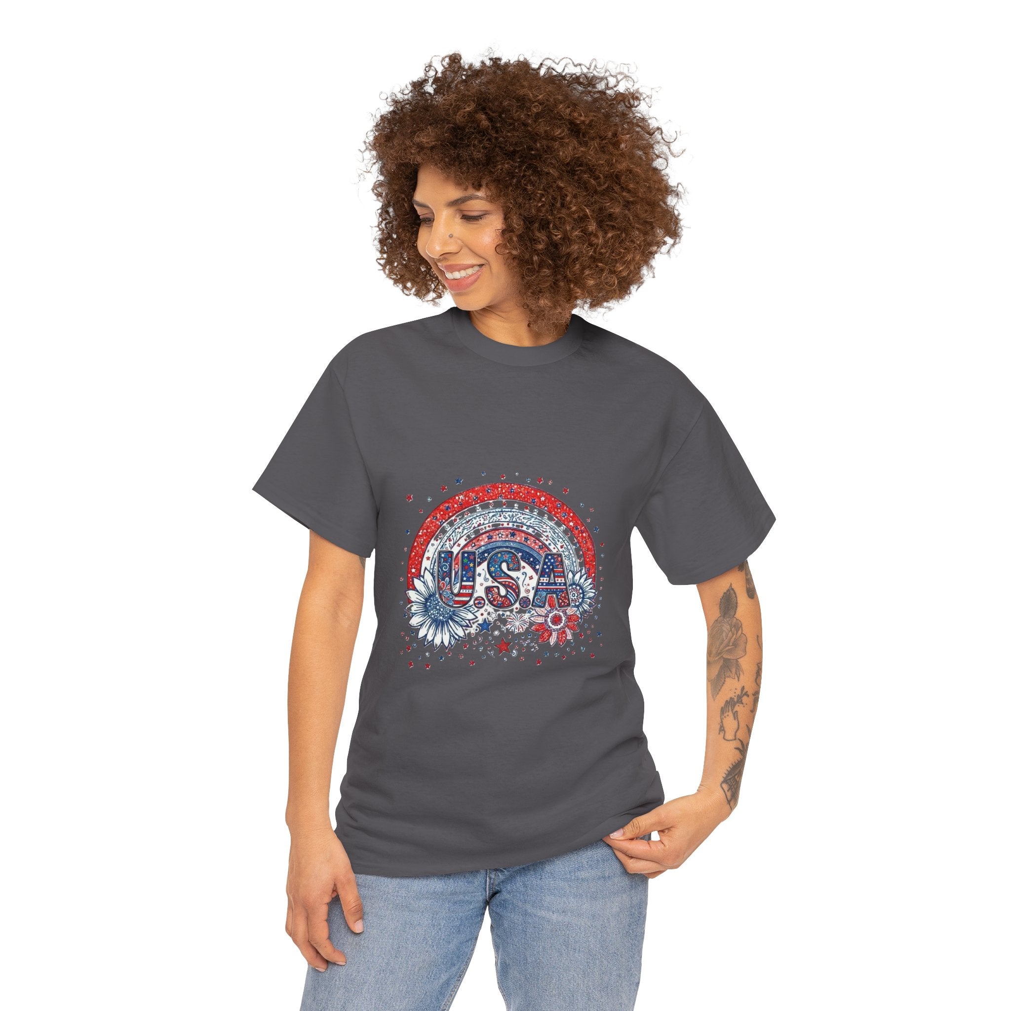 USA Retro Rainbow T-Shirt — Patriotic Fourth of July Tee with Stars & Flowers