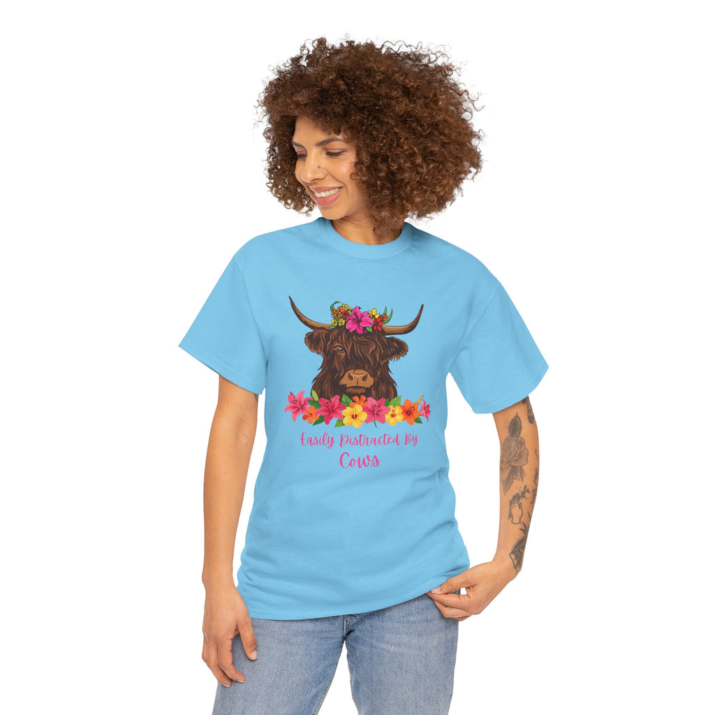 Cow Mom Floral Tee — 'Easily Distracted By Cows' Highland Cow Graphic Shirt