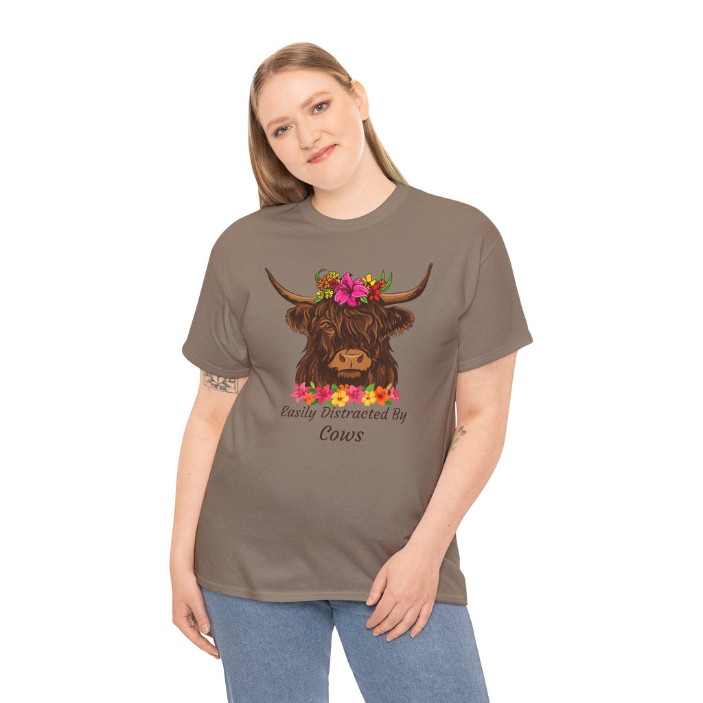 Highland Cow Floral Tee — "Easily Distracted by Cows" Cute Cow Graphic T-Shirt