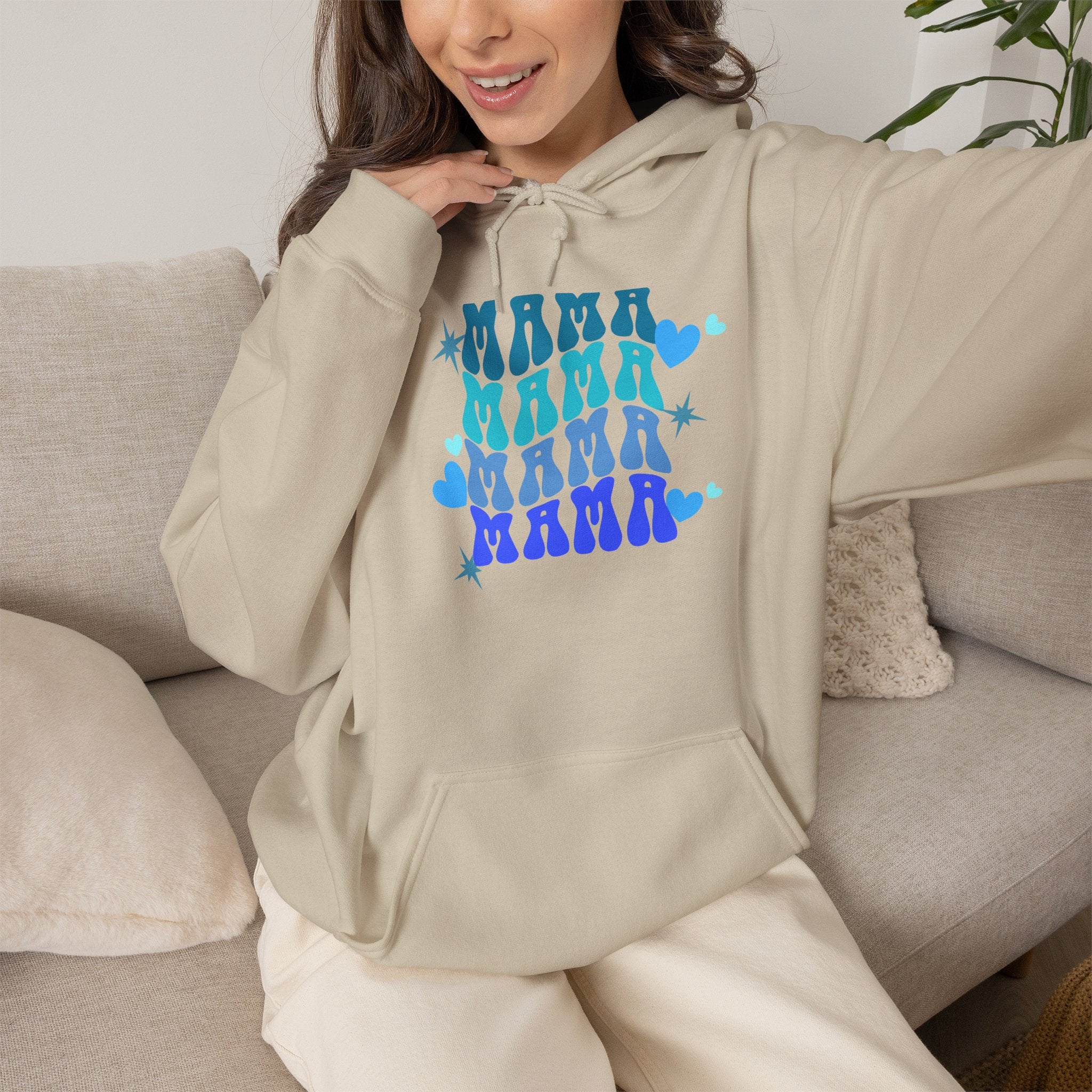 Mama Heart Crewneck Hoodie – Blue Gradient “MAMA” Graphic Sweatshirt