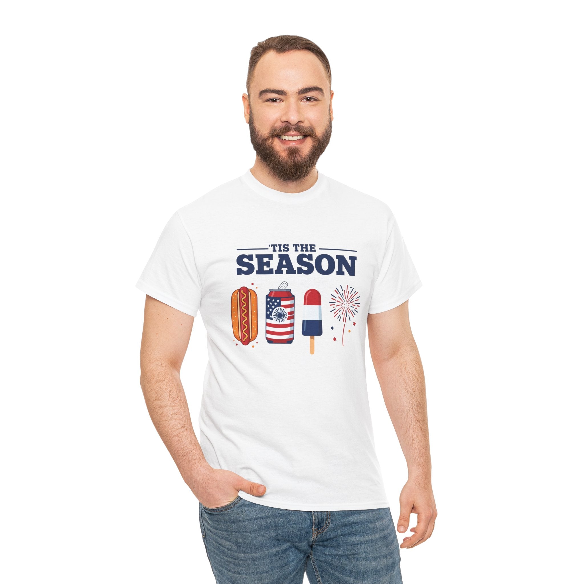 Fourth of July Tee — "'Tis the Season" Patriotic Hot Dog, Popsicle & Fireworks T-Shirt