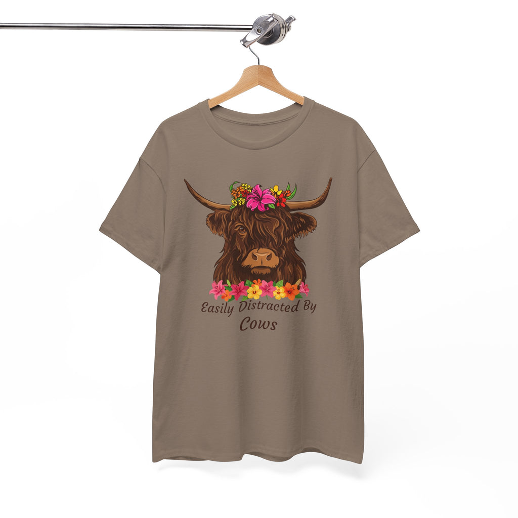 Highland Cow Floral Tee — "Easily Distracted by Cows" Cute Cow Graphic T-Shirt