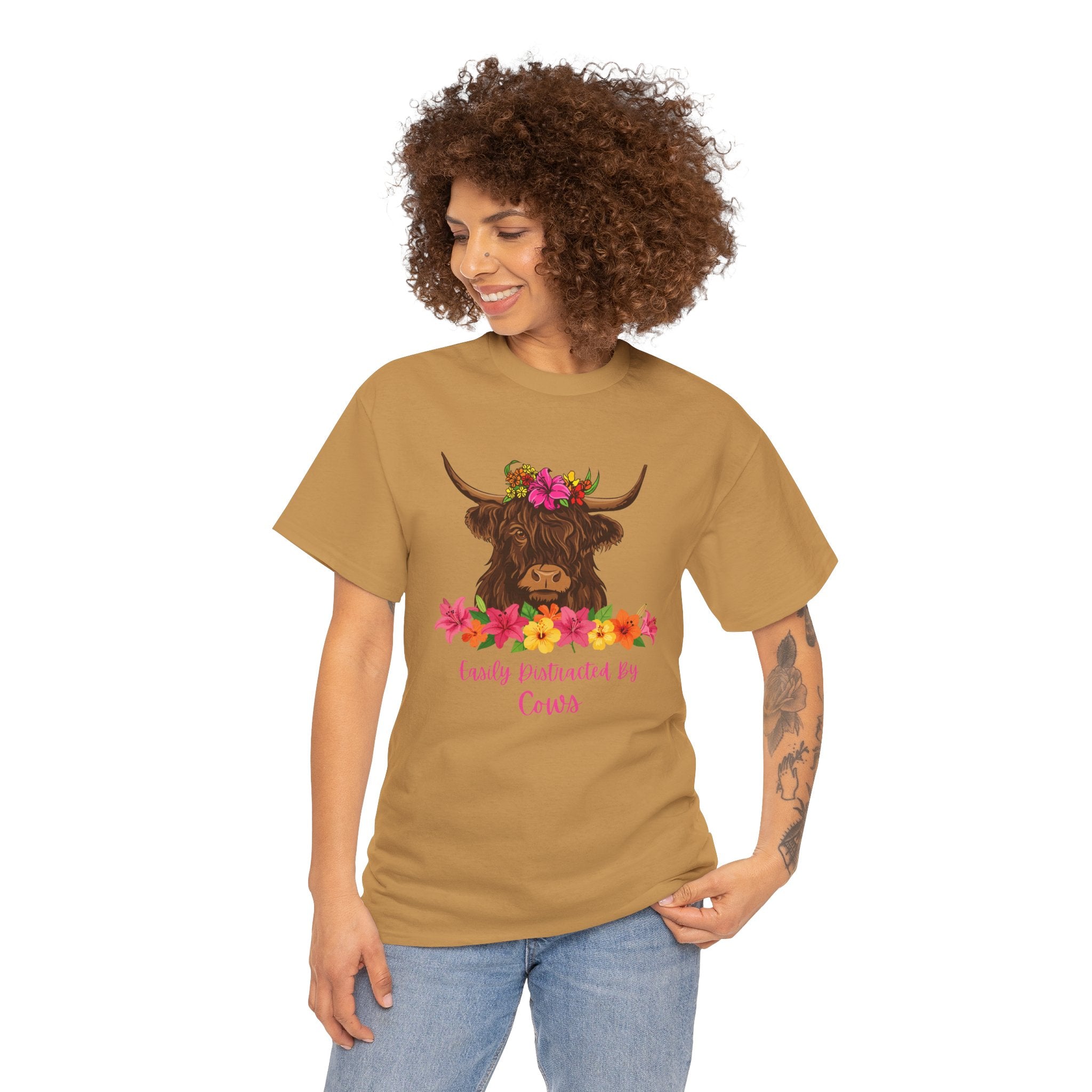 Cow Mom Floral Tee — 'Easily Distracted By Cows' Highland Cow Graphic Shirt