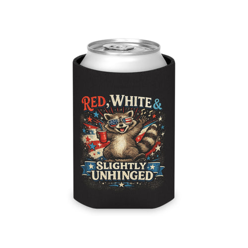Can Cooler - "Red, White & Slightly Unhinged" Patriotic Raccoon Beer Koozie