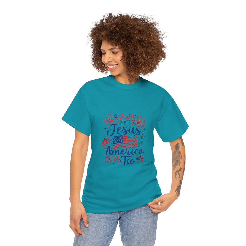 Jesus and America Tee — Patriotic Christian T-Shirt ("Loves Jesus and America Too")