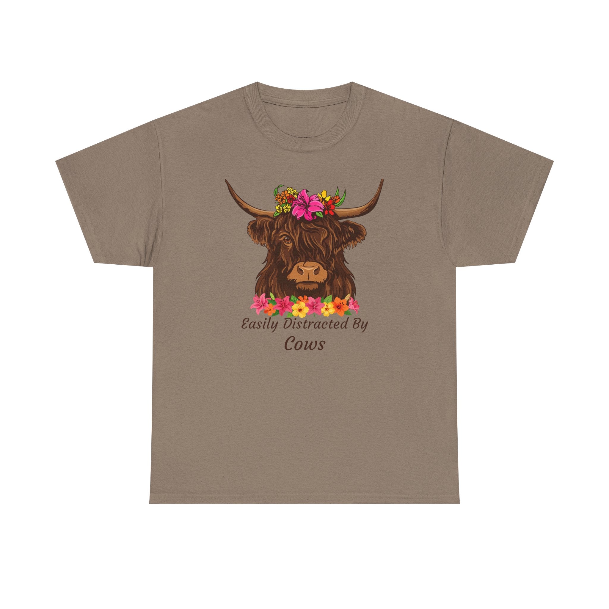 Highland Cow Floral Tee — "Easily Distracted by Cows" Cute Cow Graphic T-Shirt
