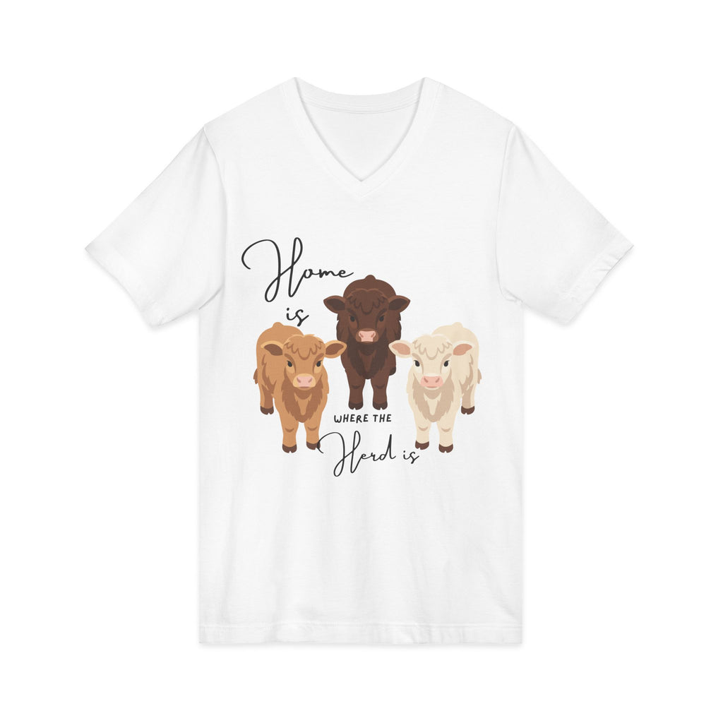 Cow Trio V-Neck Tee — "Home is Where the Herd Is" Cute Farm Animal Shirt