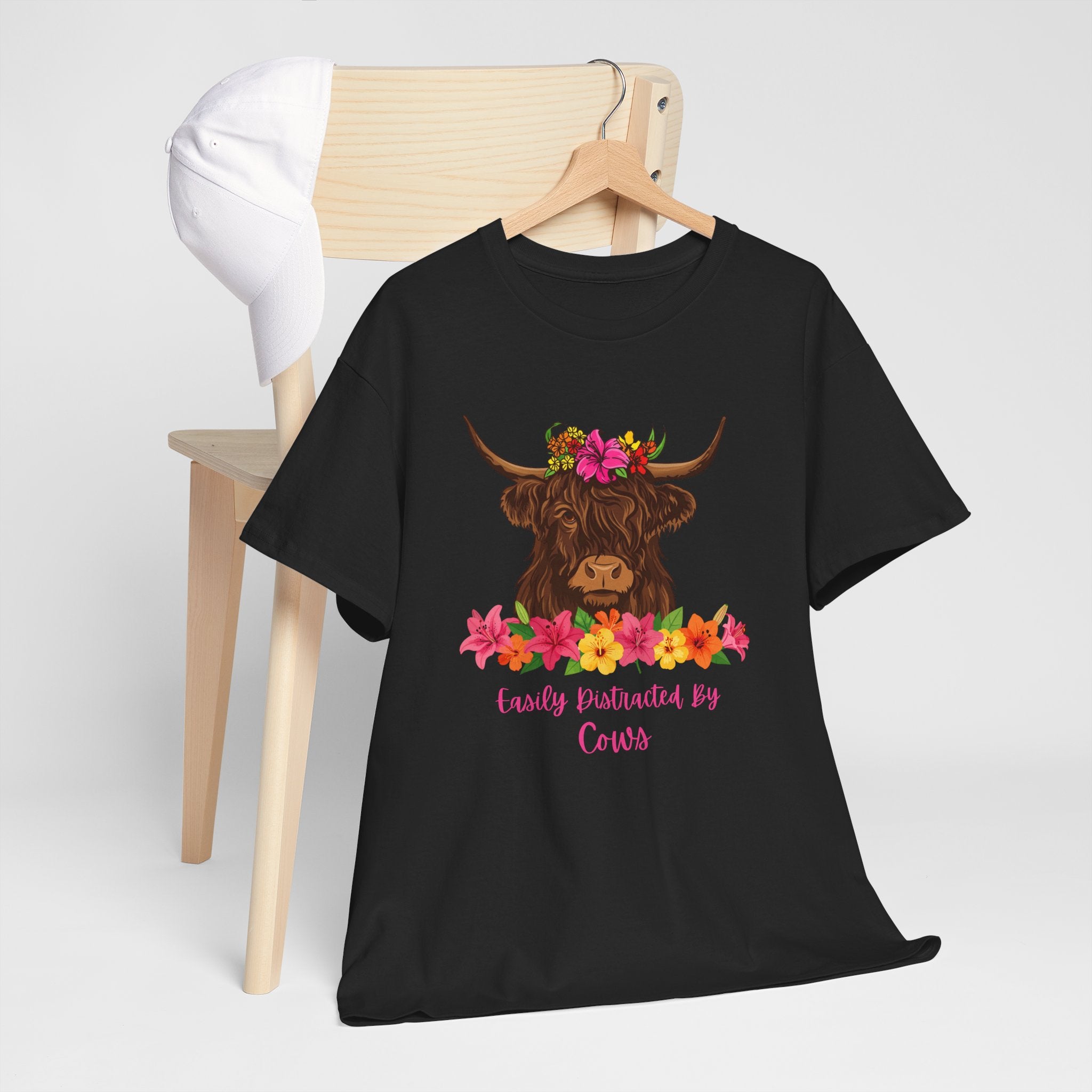 Cow Mom Floral Tee — 'Easily Distracted By Cows' Highland Cow Graphic Shirt