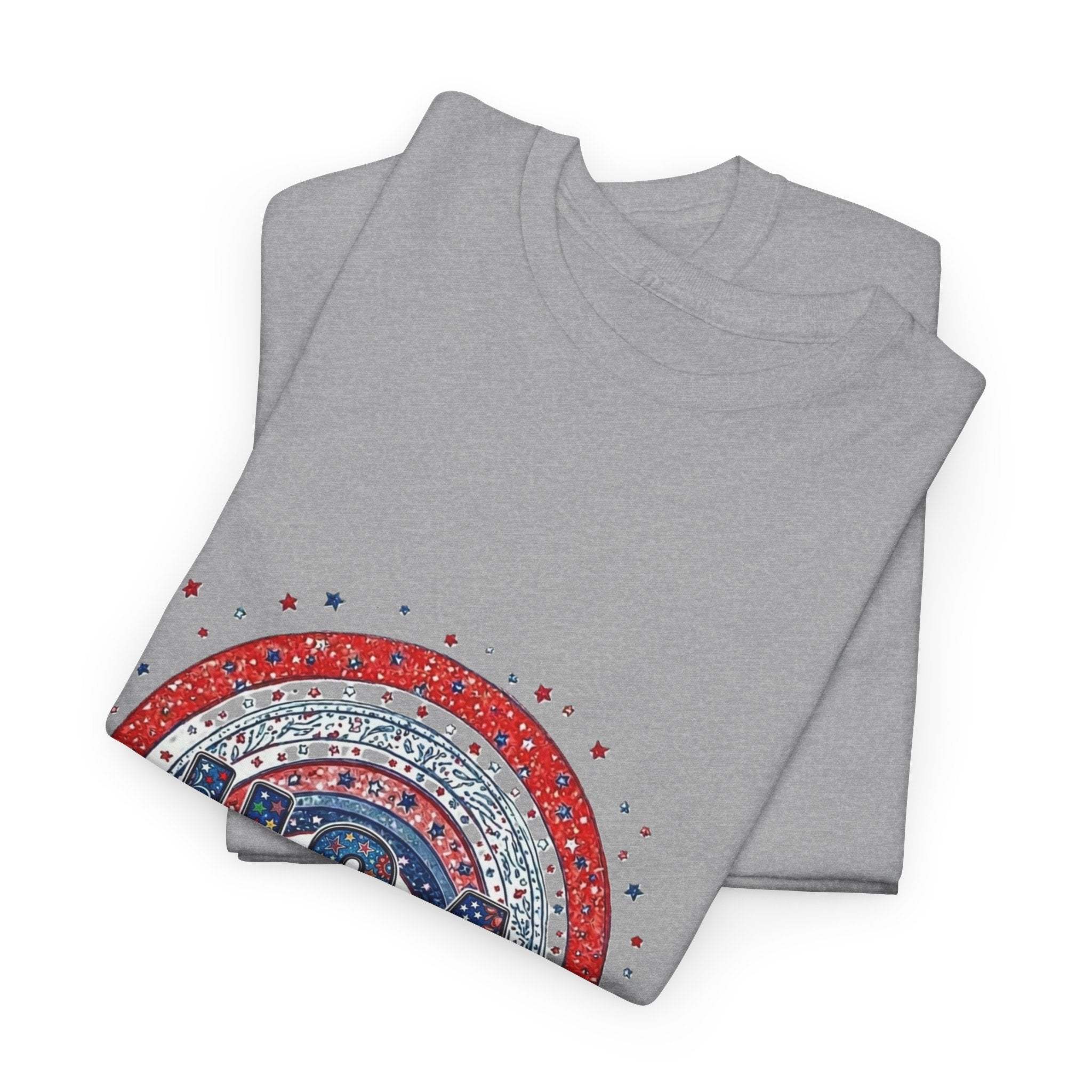 USA Retro Rainbow T-Shirt — Patriotic Fourth of July Tee with Stars & Flowers