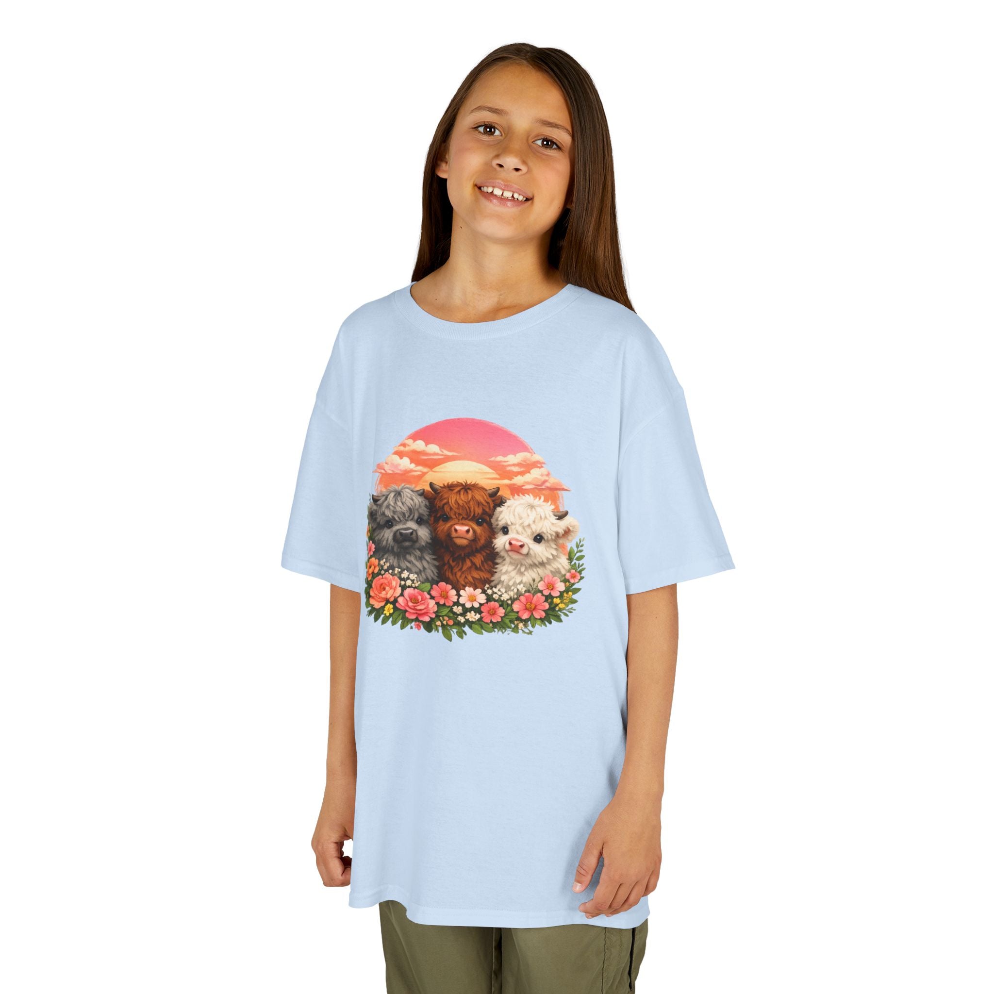 Kids Tee — Trio of Cute Kittens Sunset Floral Design