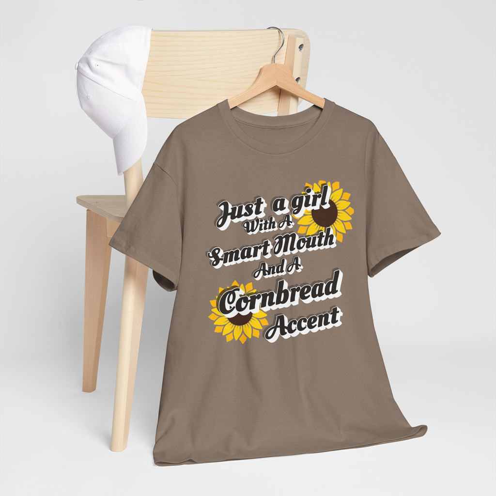 Cornbread Accent T-Shirt – "Just a Girl with a Smart Mouth and a Cornbread Accent" Sunflower Graphic